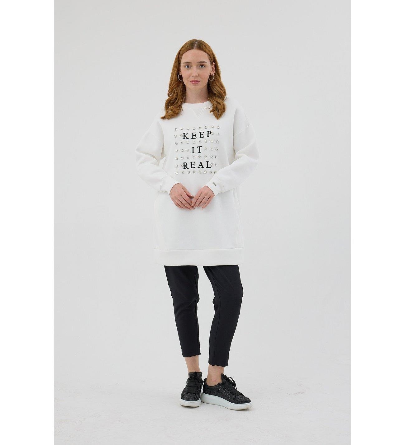 MOODBASİC Moodbasic Mb21.250 Taşlı Yazılı İçi Tüylü Tunik - Ekru  Tunik 