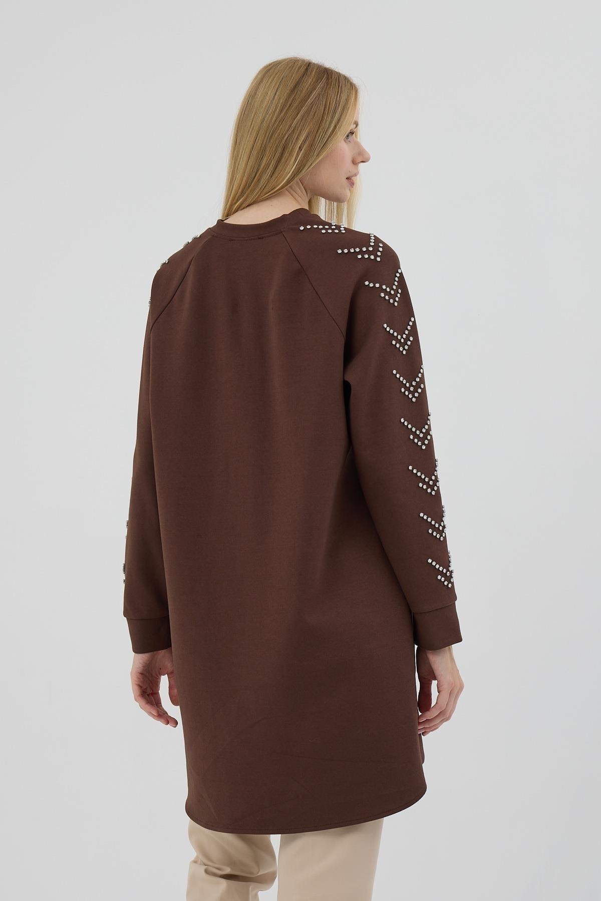 MOODBASİC Moodbasic Mb21.278 Kolları Çakma Taşlı Önü Cepli Tunik - Kahve  Tunik 