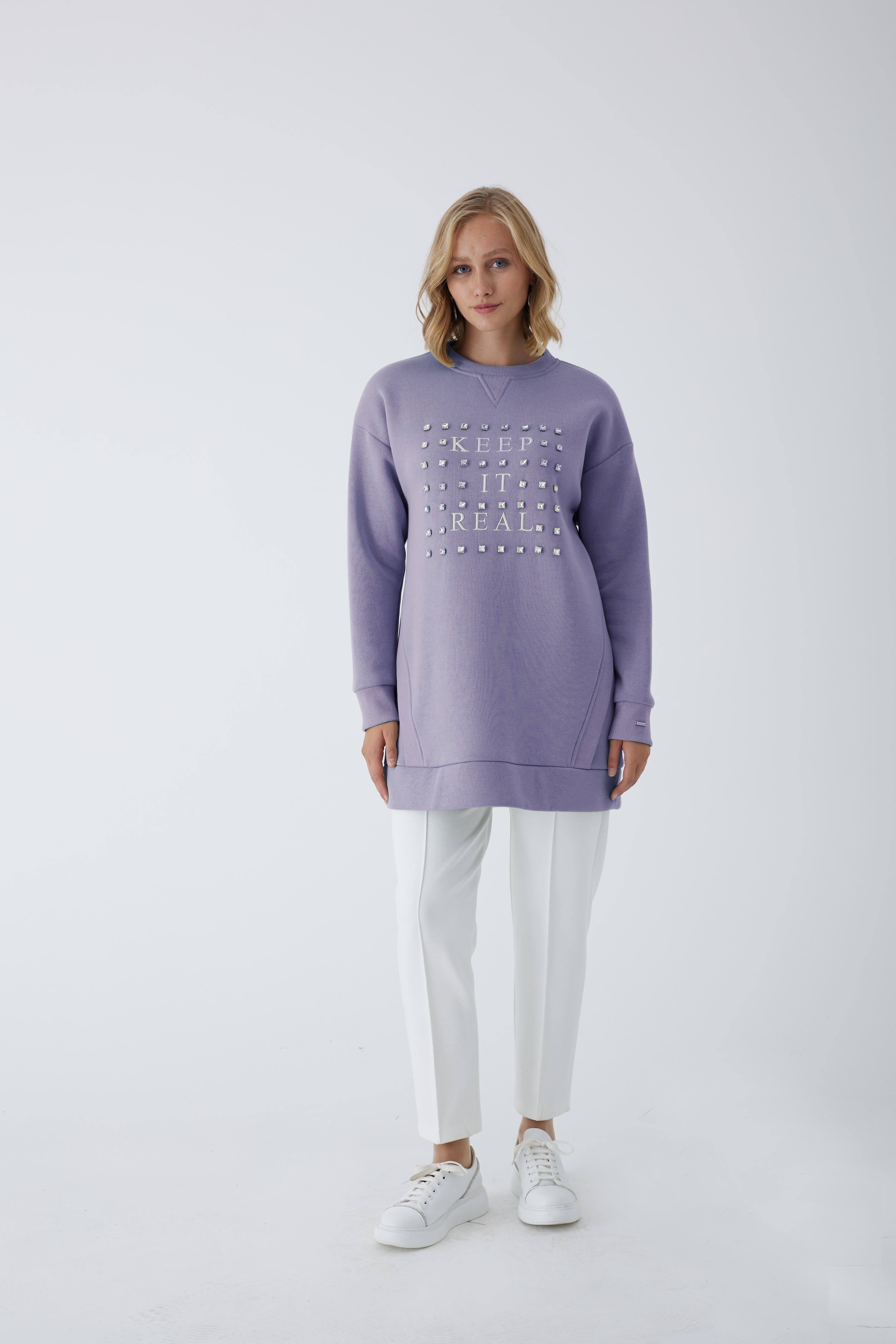 MOODBASİC Moodbasic Mb21.250 Taşlı Yazılı İçi Tüylü Tunik - Lila  Tunik 