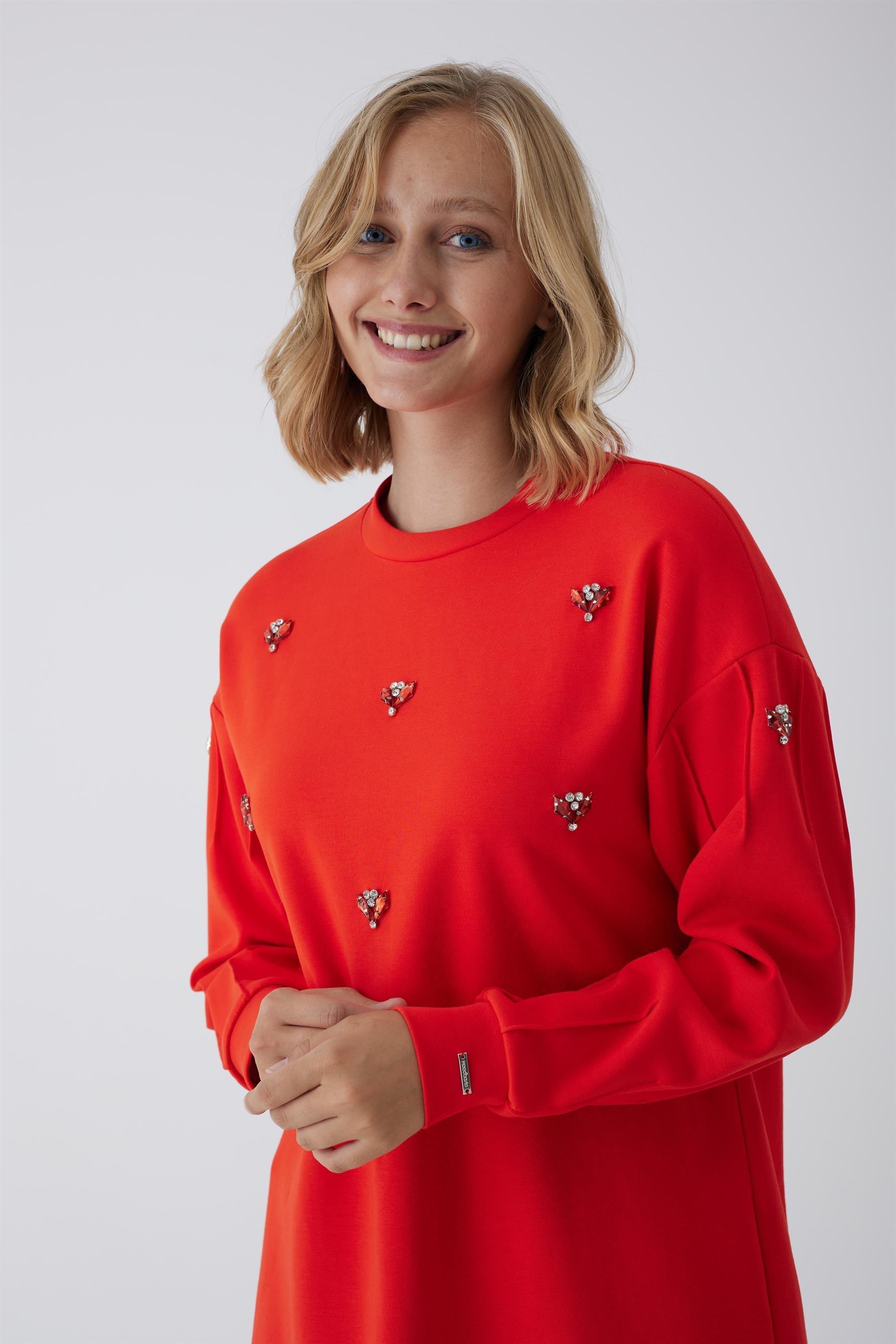 MOODBASİC Moodbasic Mb21.258 Renkli Taş İşlemeli Tunik - Mercan  Tunik 