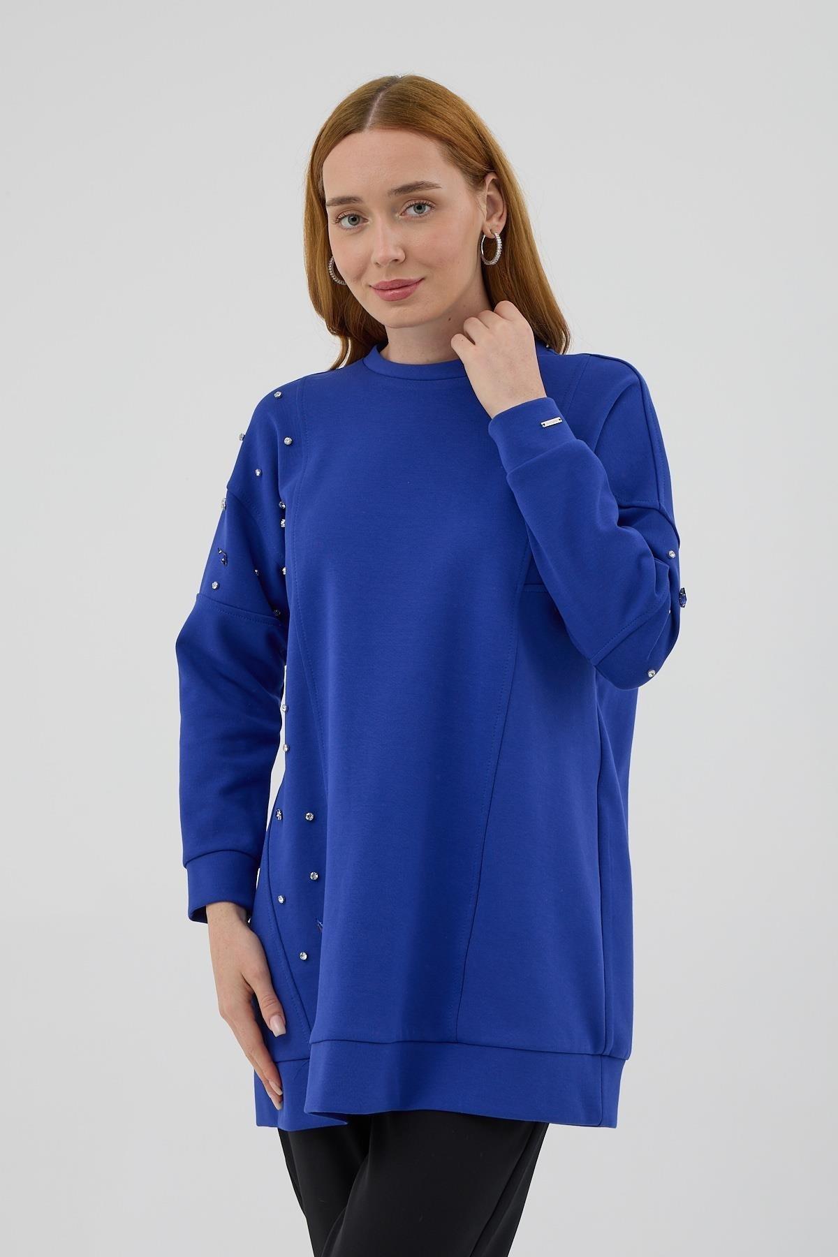MOODBASİC Moodbasic Mb21.285 Asimetrik Kuplu Taşlı Tunik - Saks  Tunik 