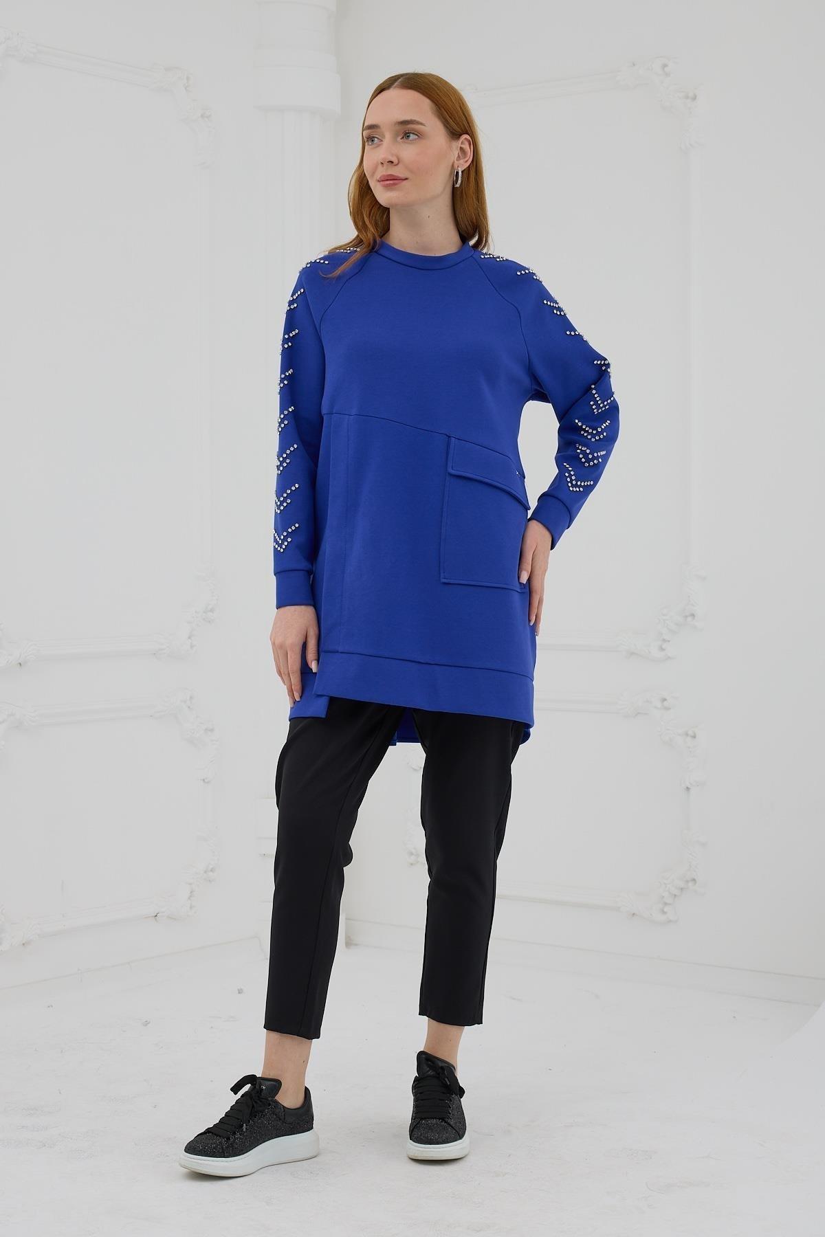 MOODBASİC Moodbasic Mb21.278 Kolları Çakma Taşlı Önü Cepli Tunik - Saks  Tunik 