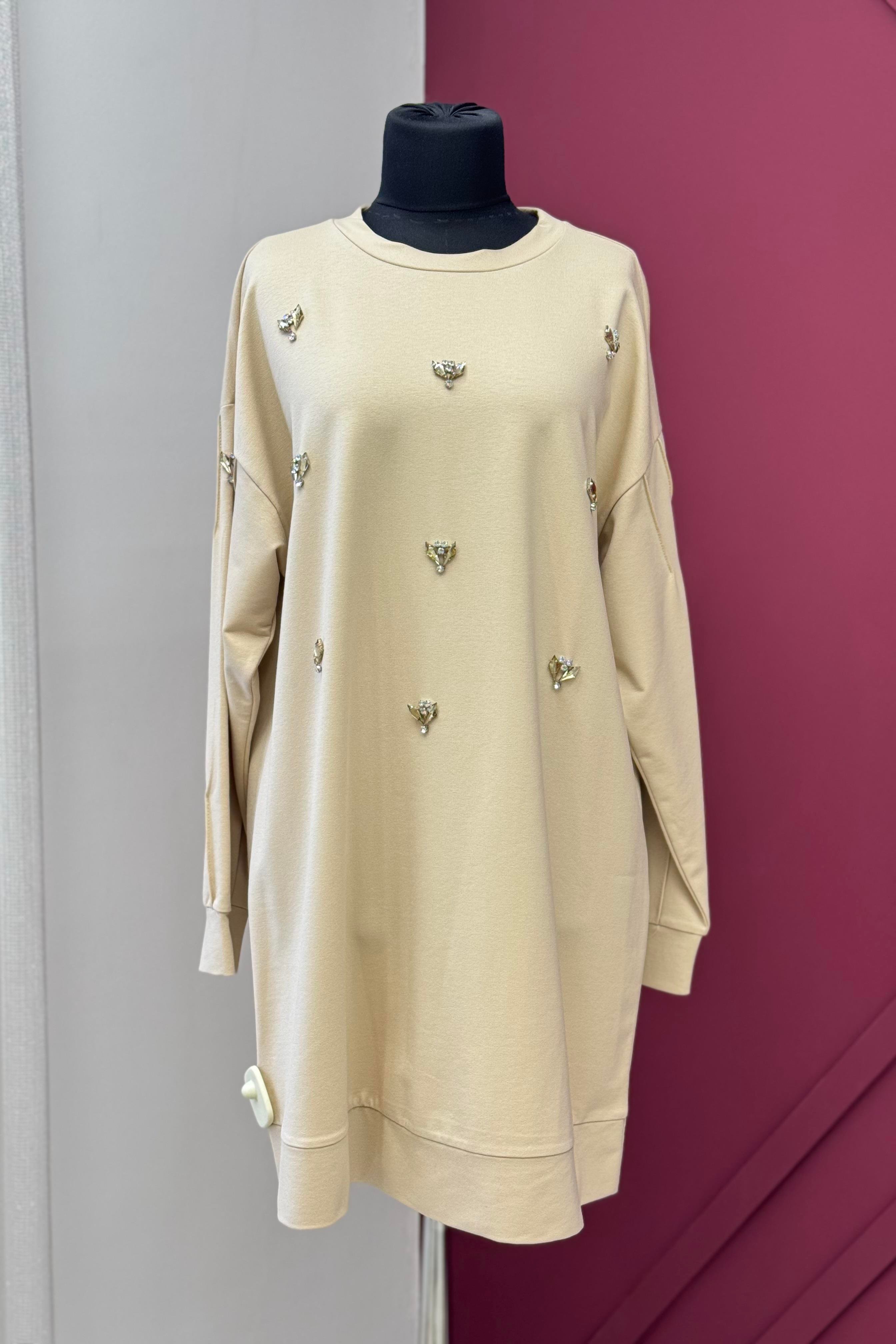 MOODBASİC Moodbasic Mb21.258 Renkli Taş İşlemeli Tunik - Bej  Tunik 