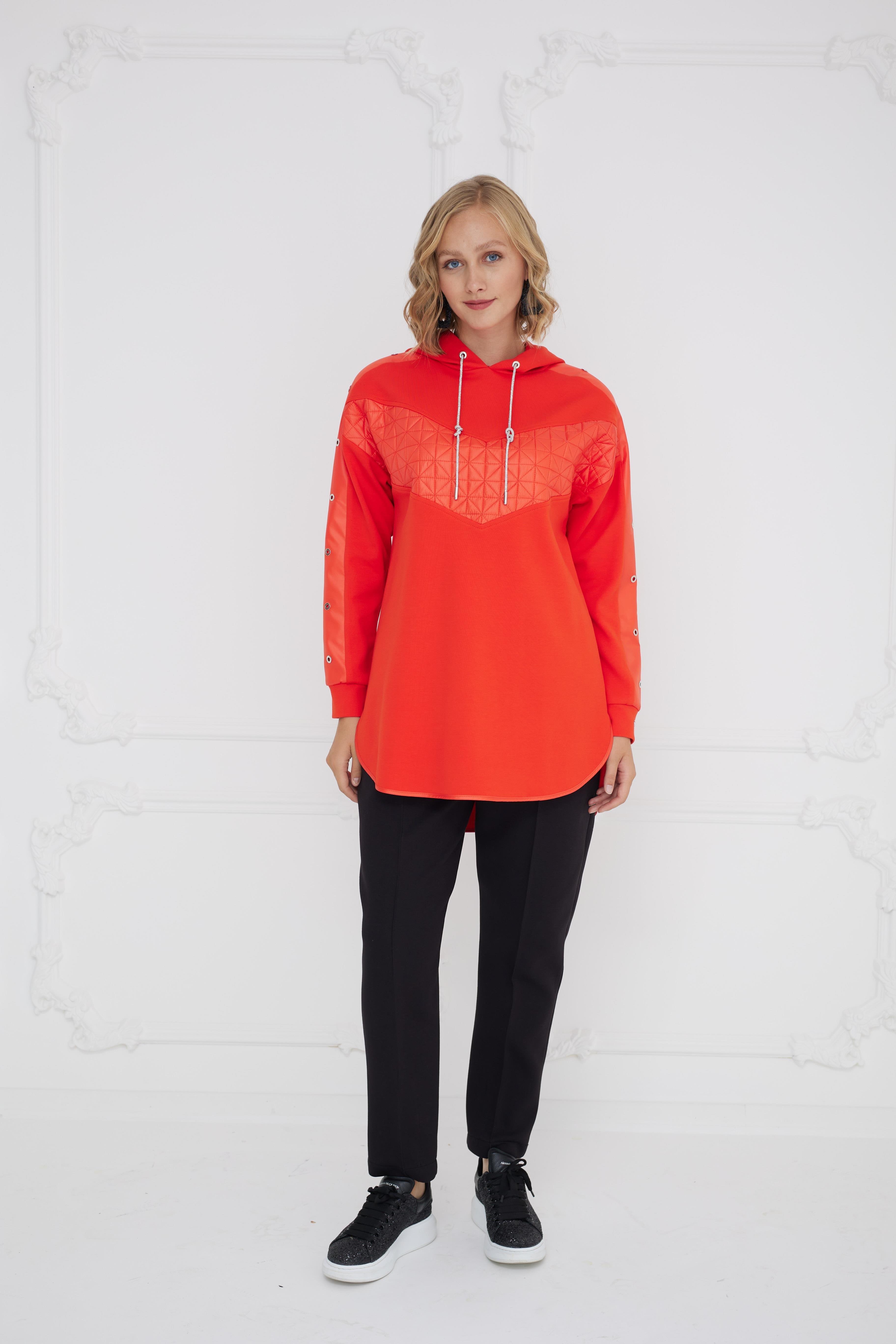 MOODBASİC Moodbasic Mb21.284 Kapitone Detaylı Kapüşonlu Tunik - Mercan  Tunik 