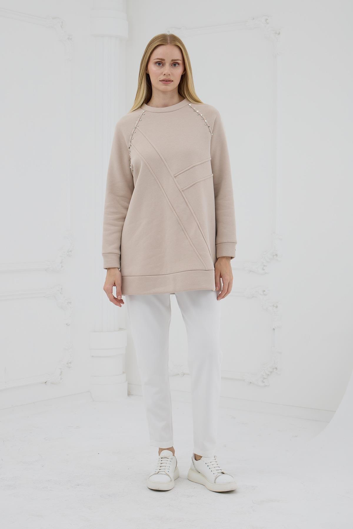 MOODBASİC Moodbasic Mb21.286 İçi Polarlı Zımbalı Tunik - Bej  Tunik 