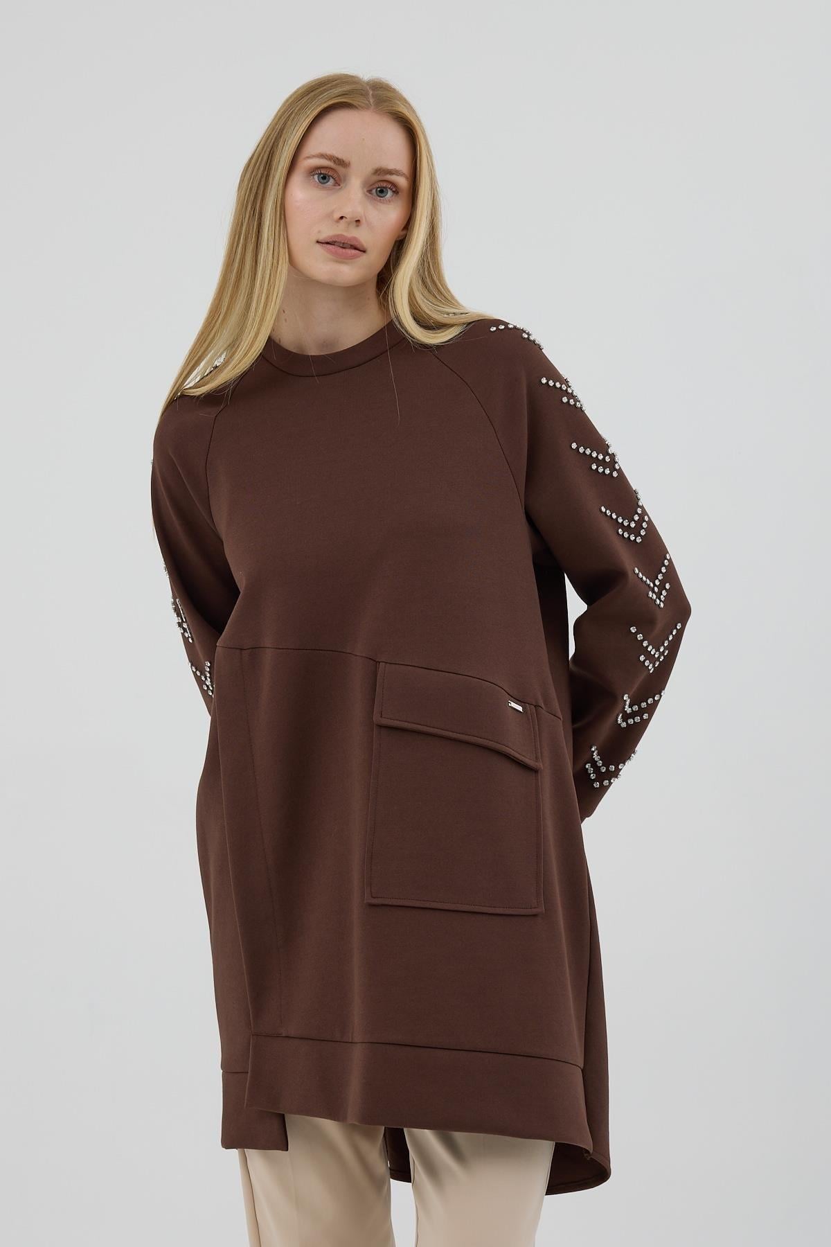MOODBASİC Moodbasic Mb21.278 Kolları Çakma Taşlı Önü Cepli Tunik - Kahve  Tunik 