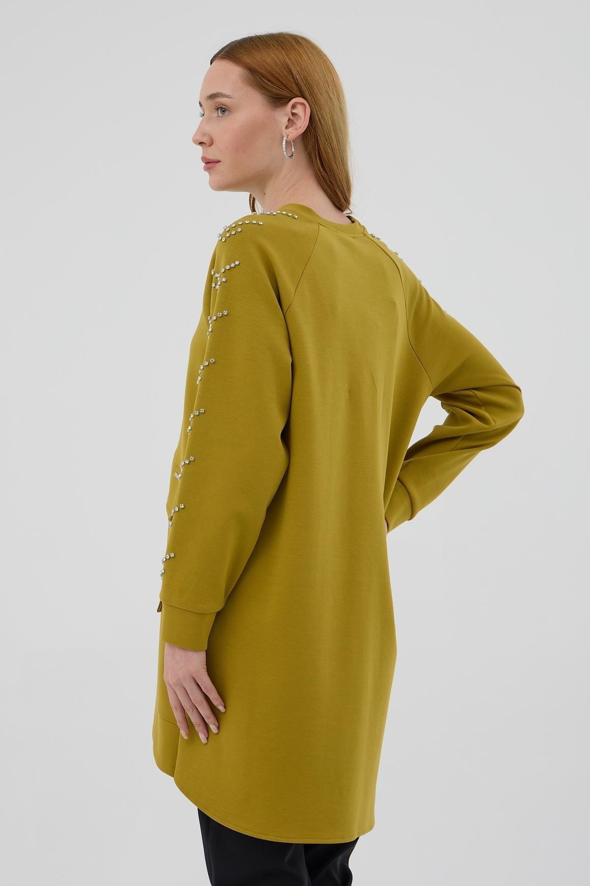 MOODBASİC Moodbasic Mb21.278 Kolları Çakma Taşlı Önü Cepli Tunik - Yağ Yeşili  Tunik 