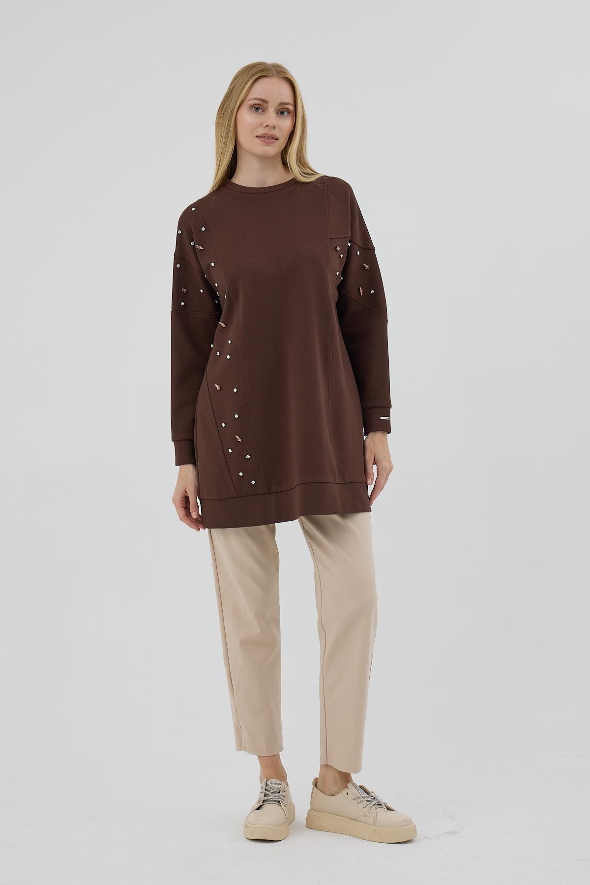 MOODBASİC Moodbasic Mb21.285 Asimetrik Kuplu Taşlı Tunik - Kahve  Tunik 