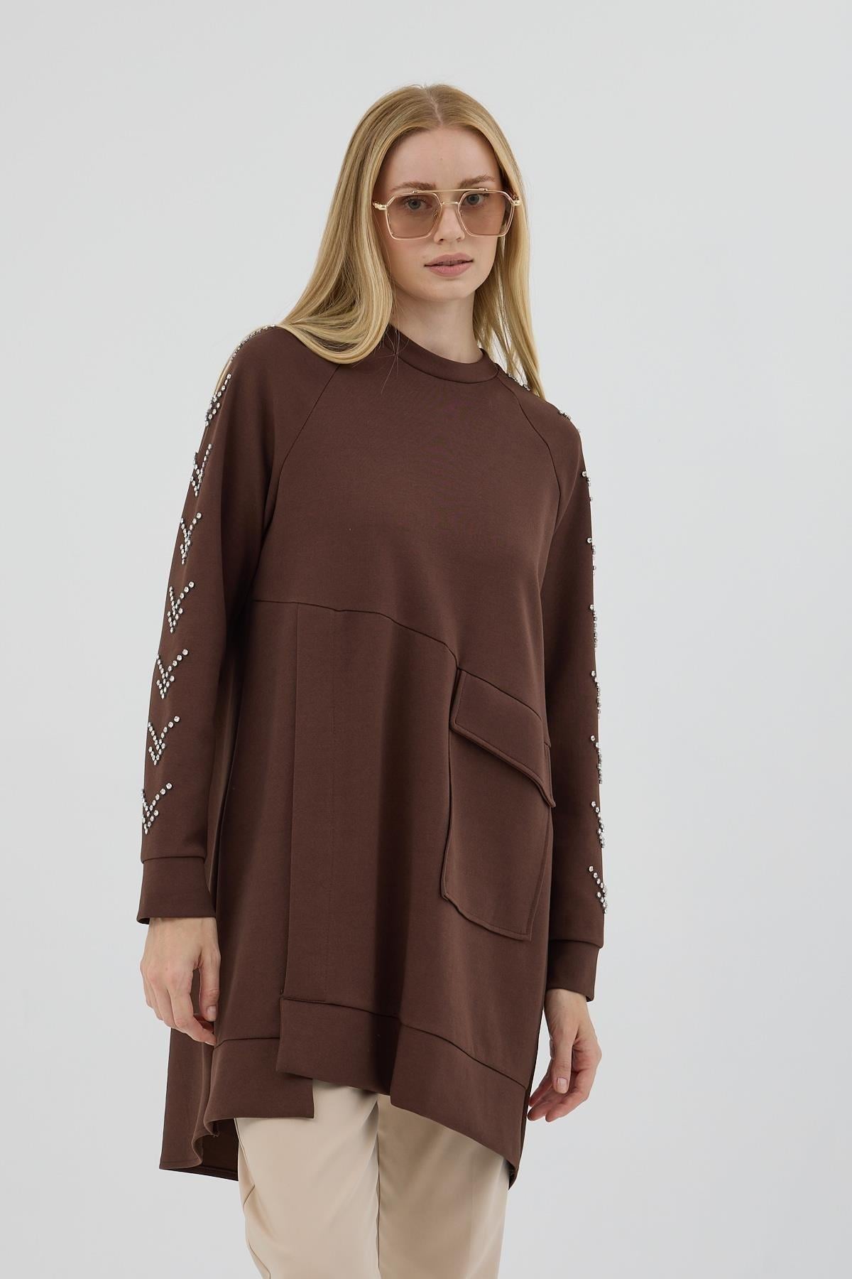 MOODBASİC Moodbasic Mb21.278 Kolları Çakma Taşlı Önü Cepli Tunik - Kahve  Tunik 
