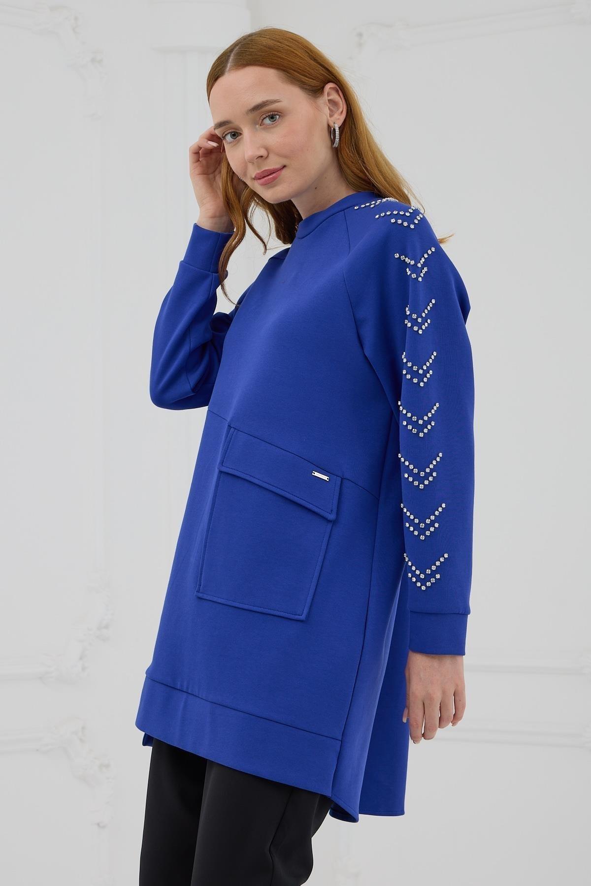 MOODBASİC Moodbasic Mb21.278 Kolları Çakma Taşlı Önü Cepli Tunik - Saks  Tunik 