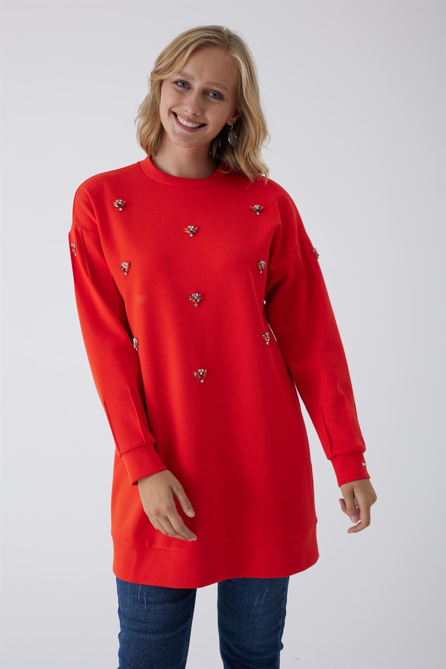 MOODBASİC Moodbasic Mb21.258 Renkli Taş İşlemeli Tunik - Mercan  Tunik 