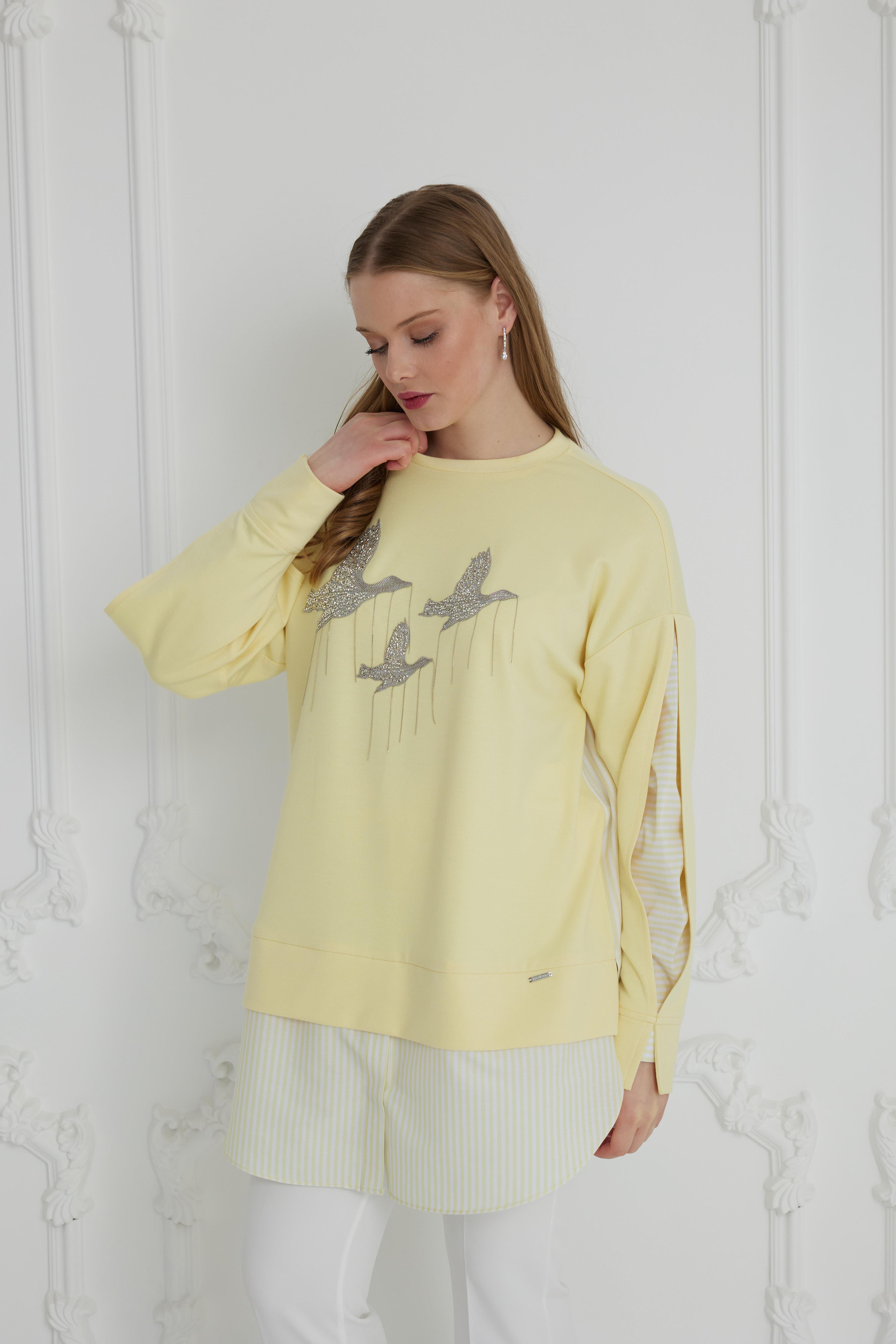 MOODBASİC Moodbasic Mb21.272 Kuş İşlemeli Modal Tunik - Sarı  Tunik