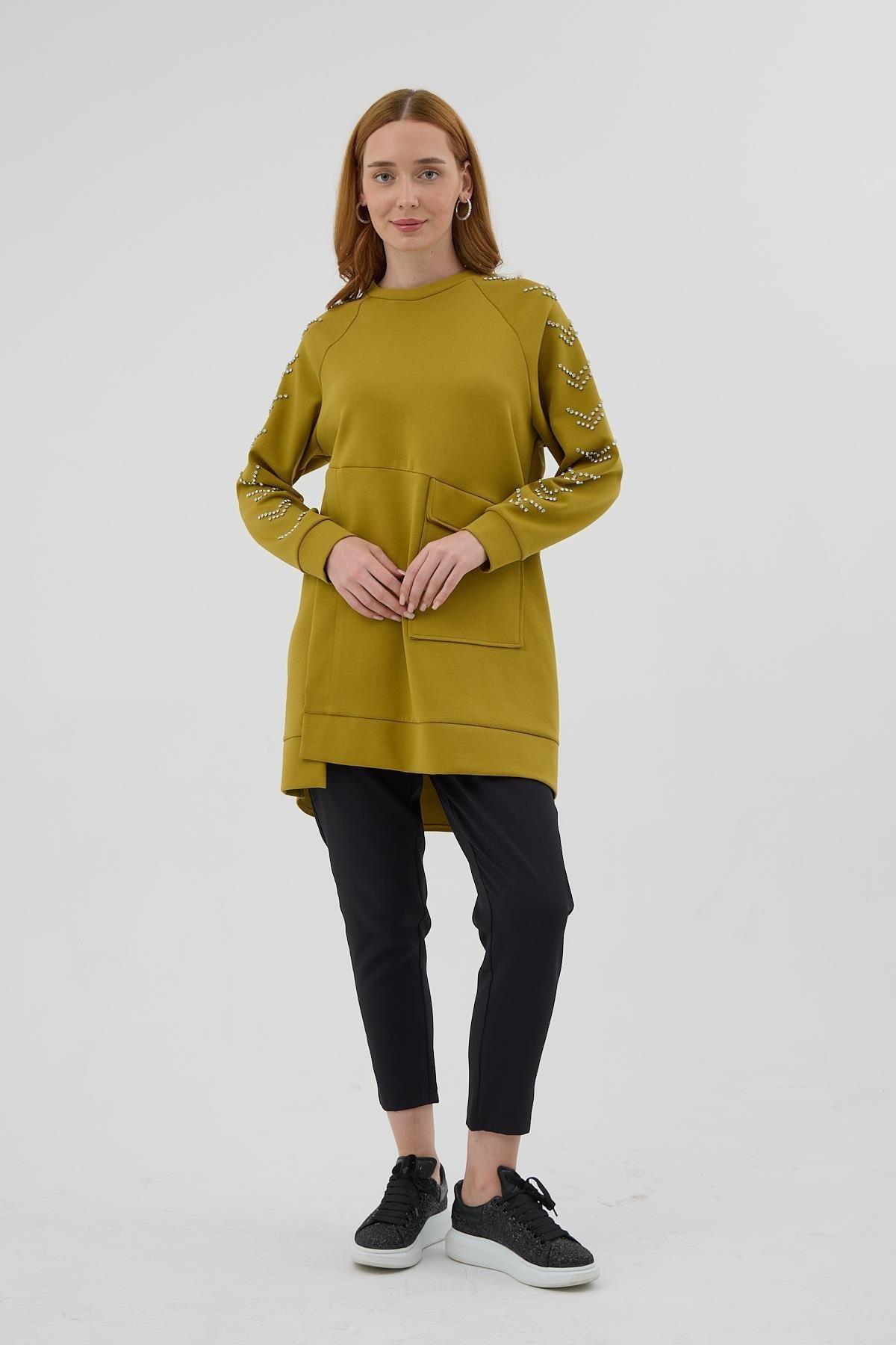 MOODBASİC Moodbasic Mb21.278 Kolları Çakma Taşlı Önü Cepli Tunik - Yağ Yeşili  Tunik 