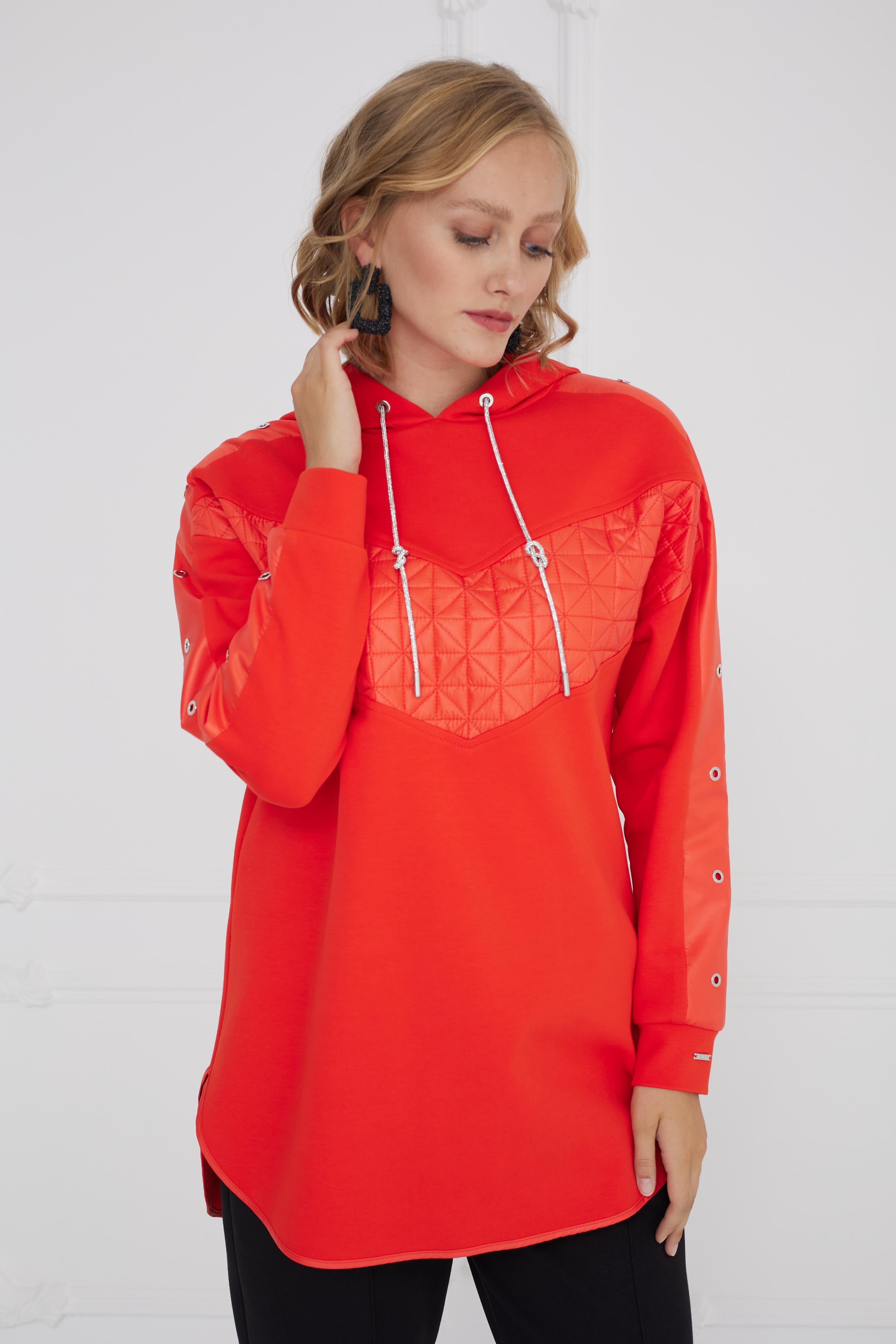 MOODBASİC Moodbasic Mb21.284 Kapitone Detaylı Kapüşonlu Tunik - Mercan  Tunik 