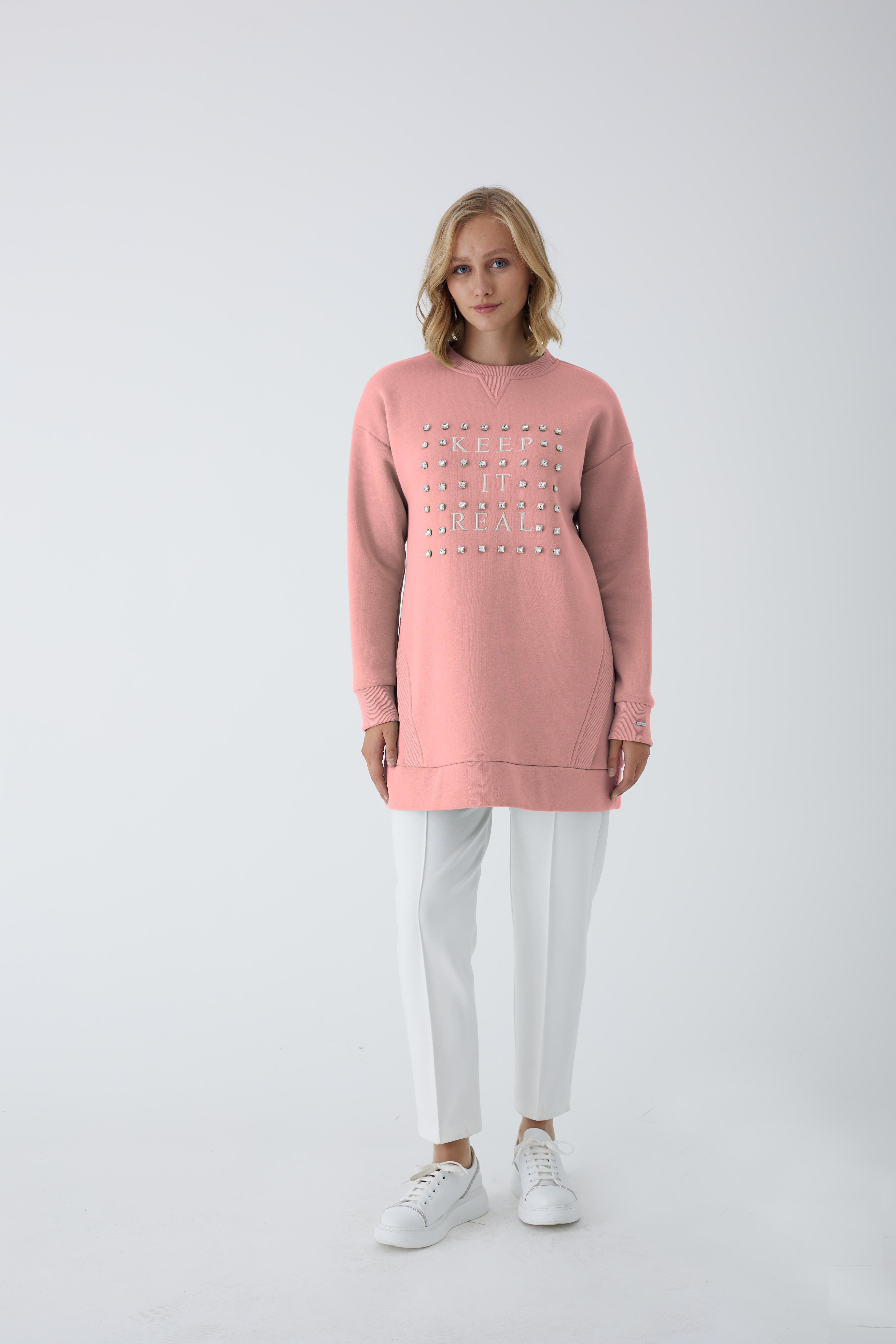 MOODBASİC Moodbasic Mb21.250 Taşlı Yazılı İçi Tüylü Tunik - Pudra  Tunik 