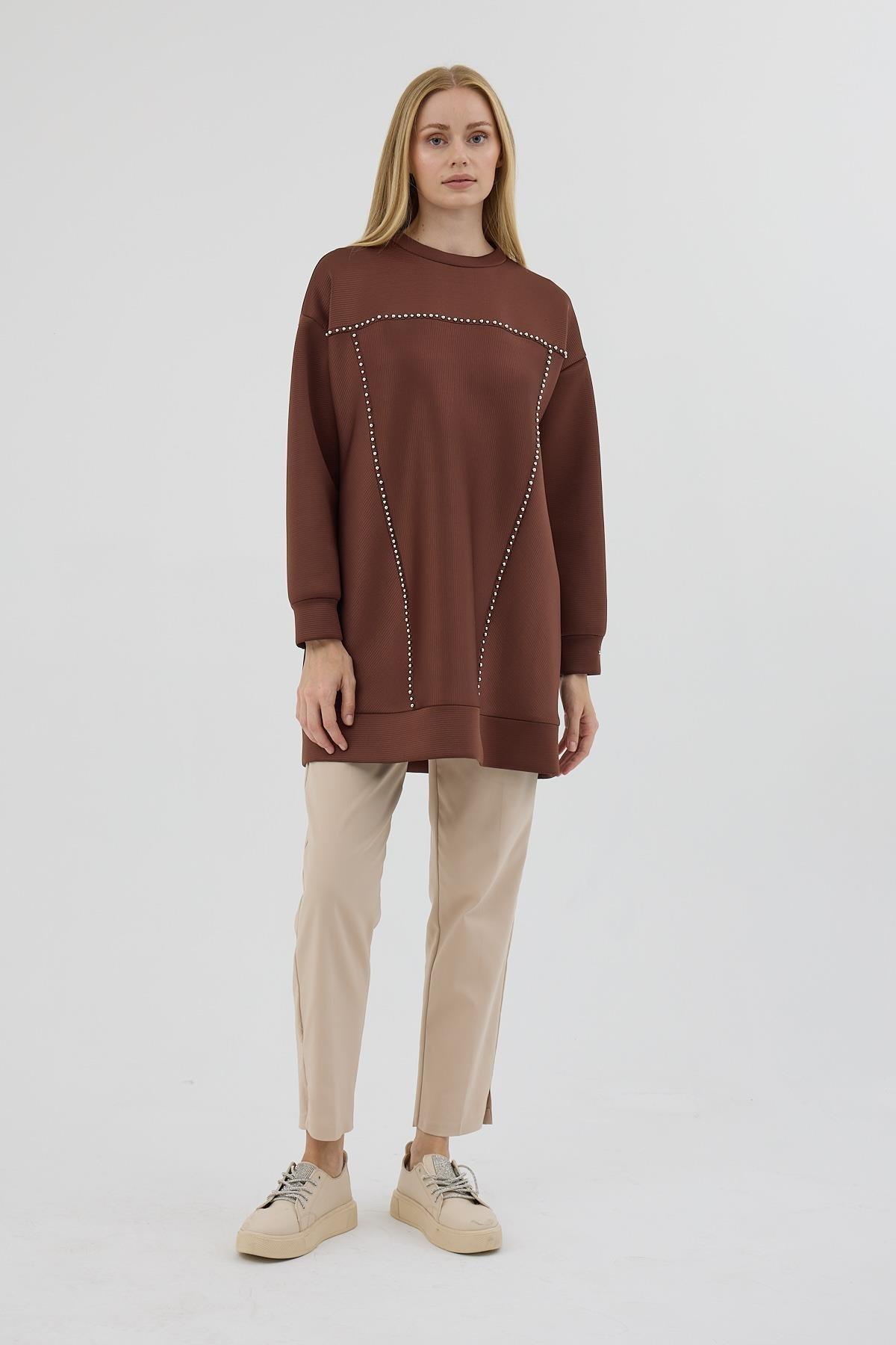 MOODBASİC Moodbasic Mb21.287 Gümüş İncili Scuba Tunik - Kahve  Tunik 