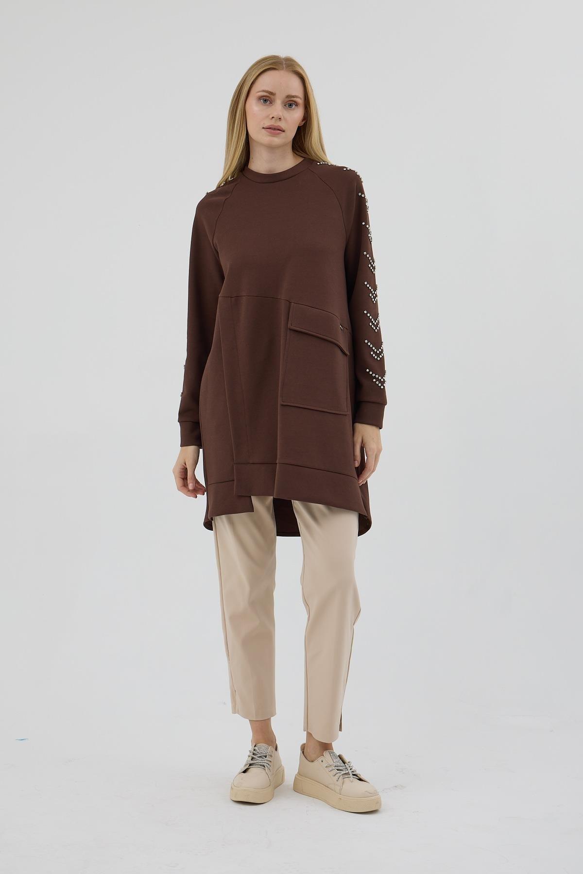 MOODBASİC Moodbasic Mb21.278 Kolları Çakma Taşlı Önü Cepli Tunik - Kahve  Tunik 