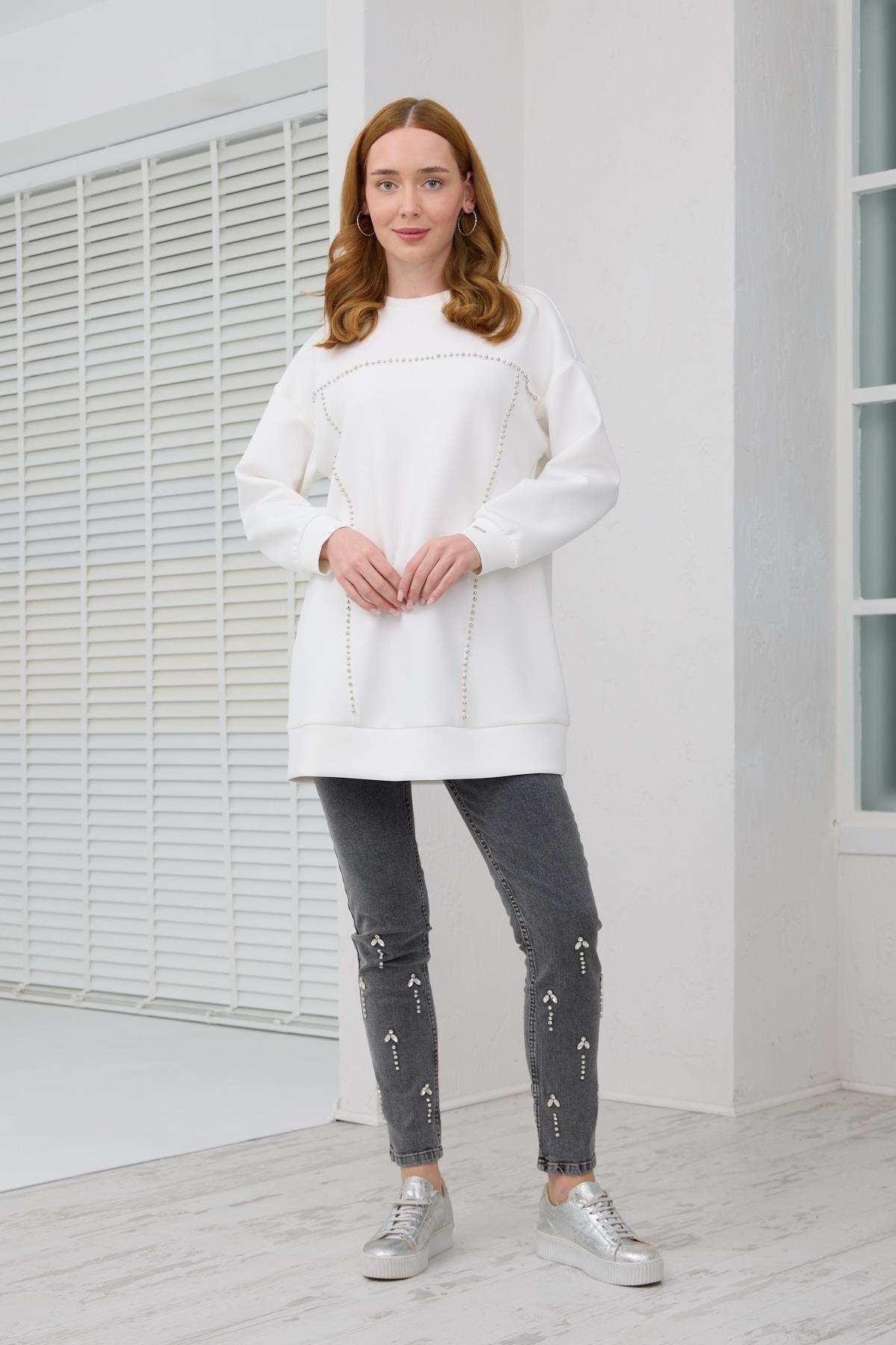 MOODBASİC Moodbasic Mb21.287 Gümüş İncili Scuba Tunik - Ekru  Tunik 