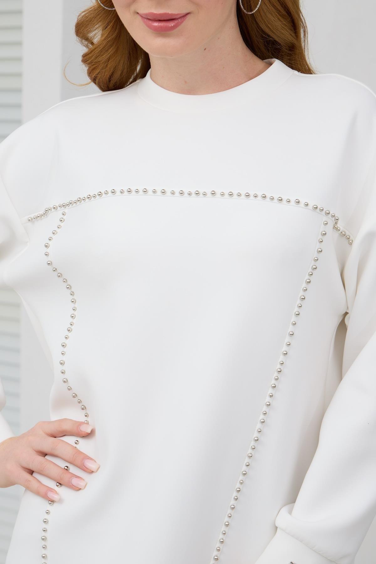 MOODBASİC Moodbasic Mb21.287 Gümüş İncili Scuba Tunik - Ekru  Tunik 