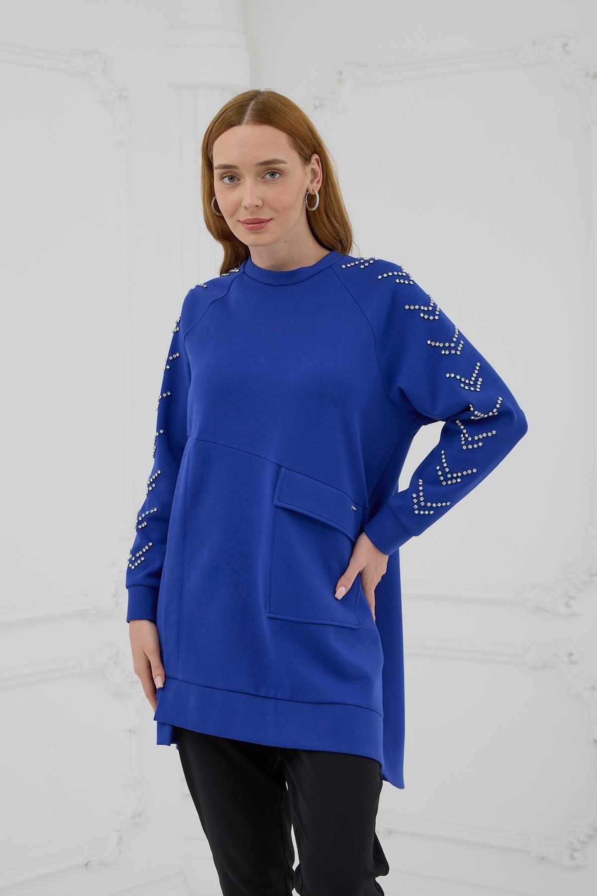 MOODBASİC Moodbasic Mb21.278 Kolları Çakma Taşlı Önü Cepli Tunik - Saks  Tunik 