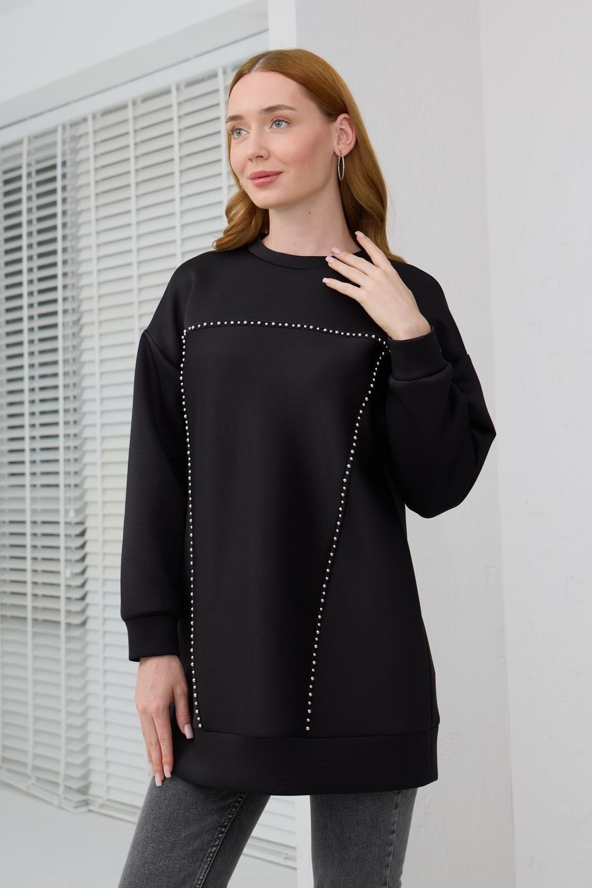 MOODBASİC Moodbasic Mb21.287 Gümüş İncili Scuba Tunik - Siyah  Tunik 