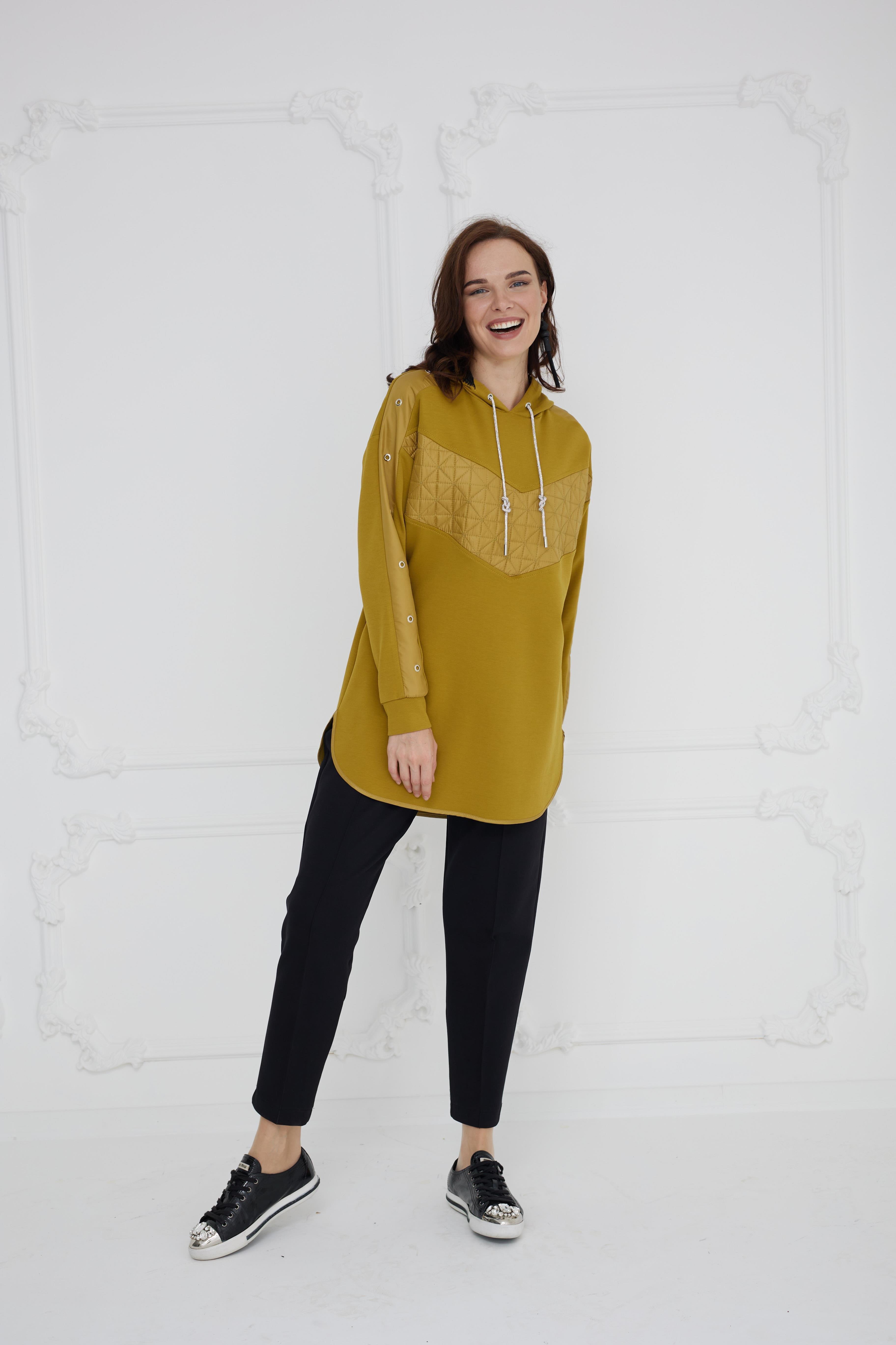 MOODBASİC Moodbasic Mb21.284 Kapitone Detaylı Kapüşonlu Tunik - Yağ Yeşili  Tunik 