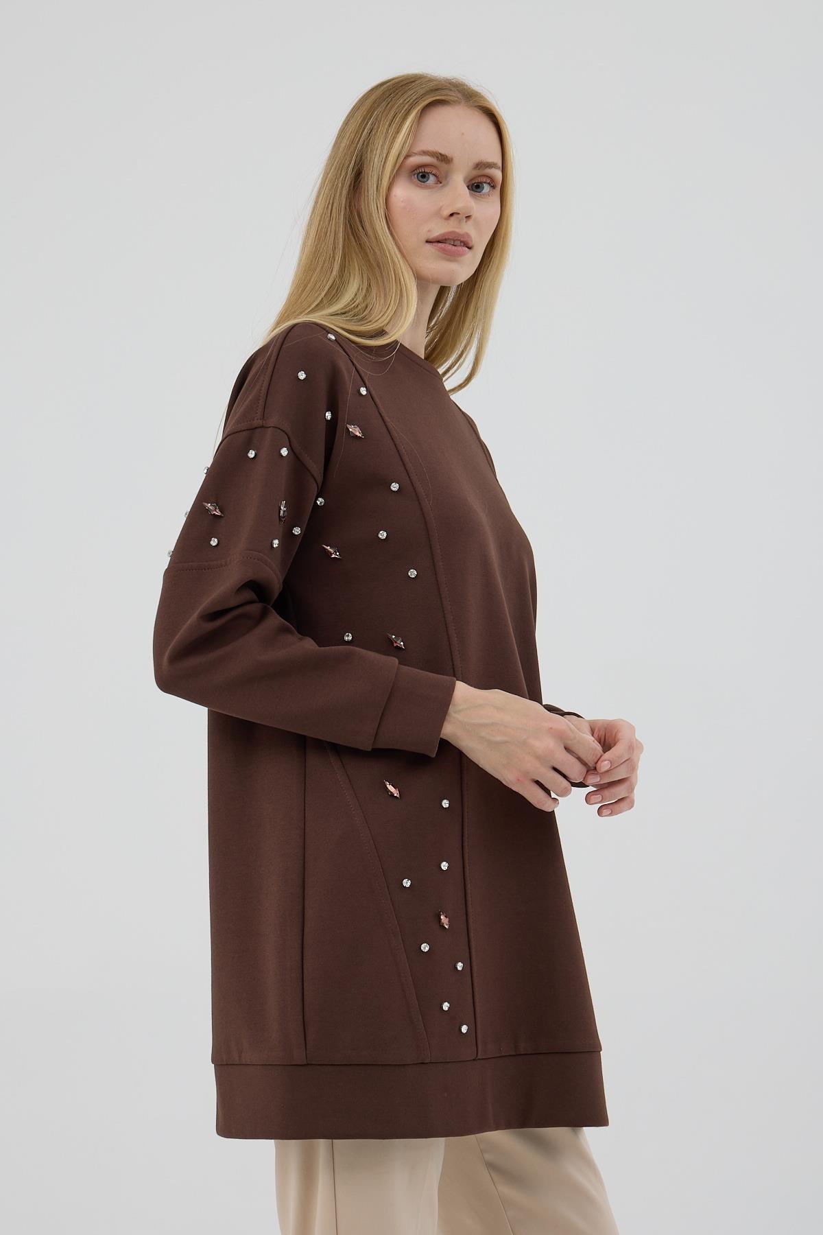 MOODBASİC Moodbasic Mb21.285 Asimetrik Kuplu Taşlı Tunik - Kahve  Tunik 