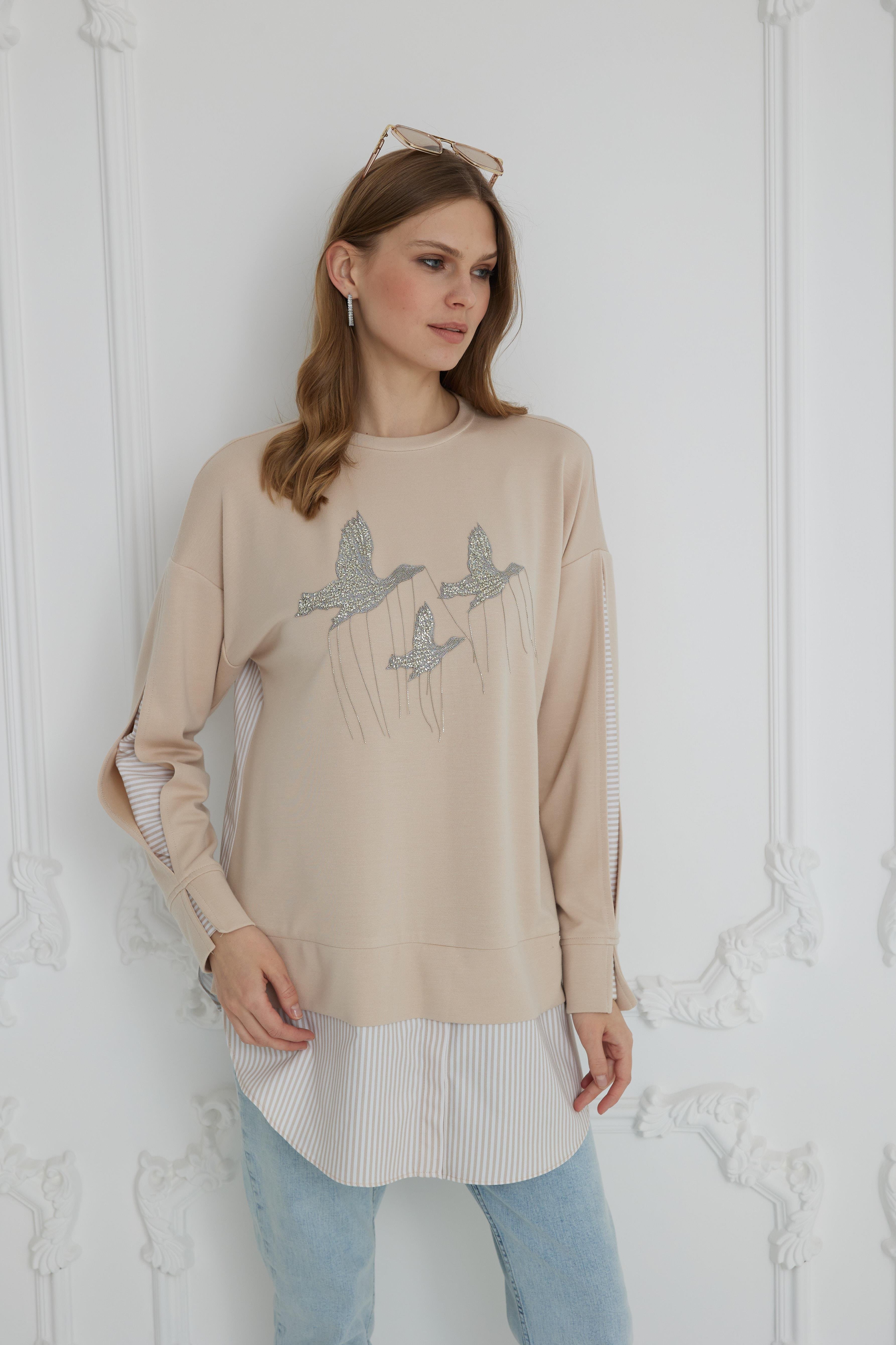 MOODBASİC Moodbasic Mb21.272 Kuş İşlemeli Modal Tunik - Bej  Tunik