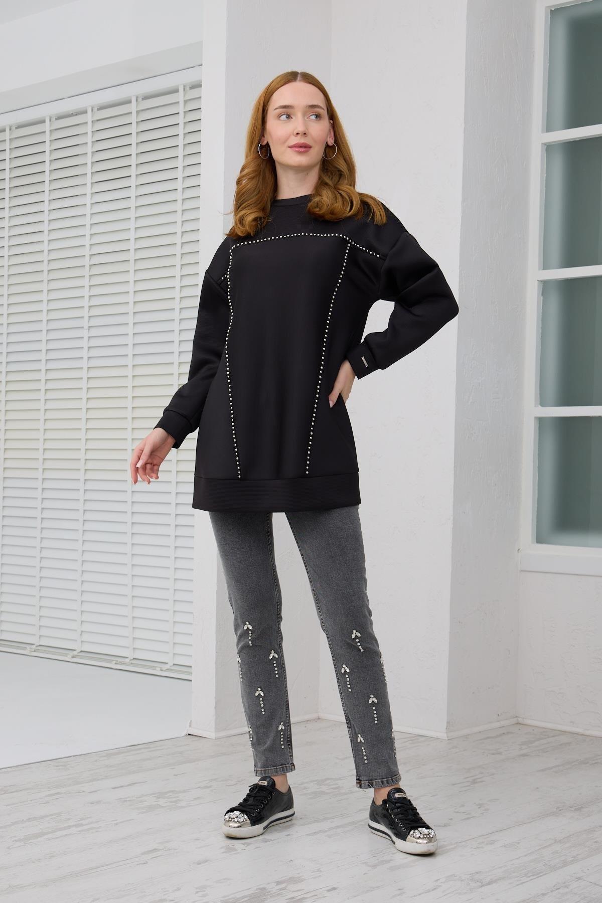 MOODBASİC Moodbasic Mb21.287 Gümüş İncili Scuba Tunik - Siyah  Tunik 