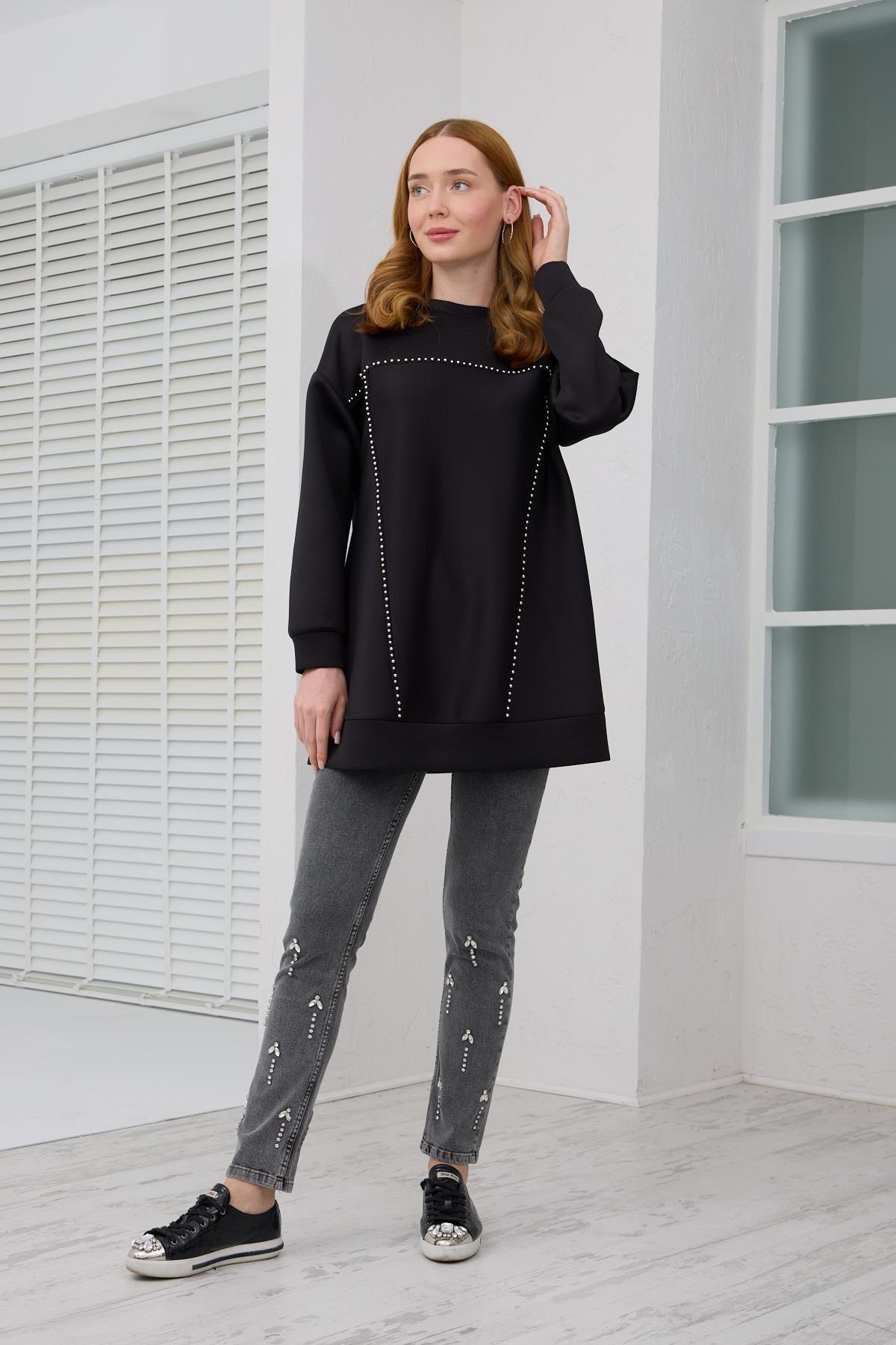 MOODBASİC Moodbasic Mb21.287 Gümüş İncili Scuba Tunik - Siyah  Tunik 