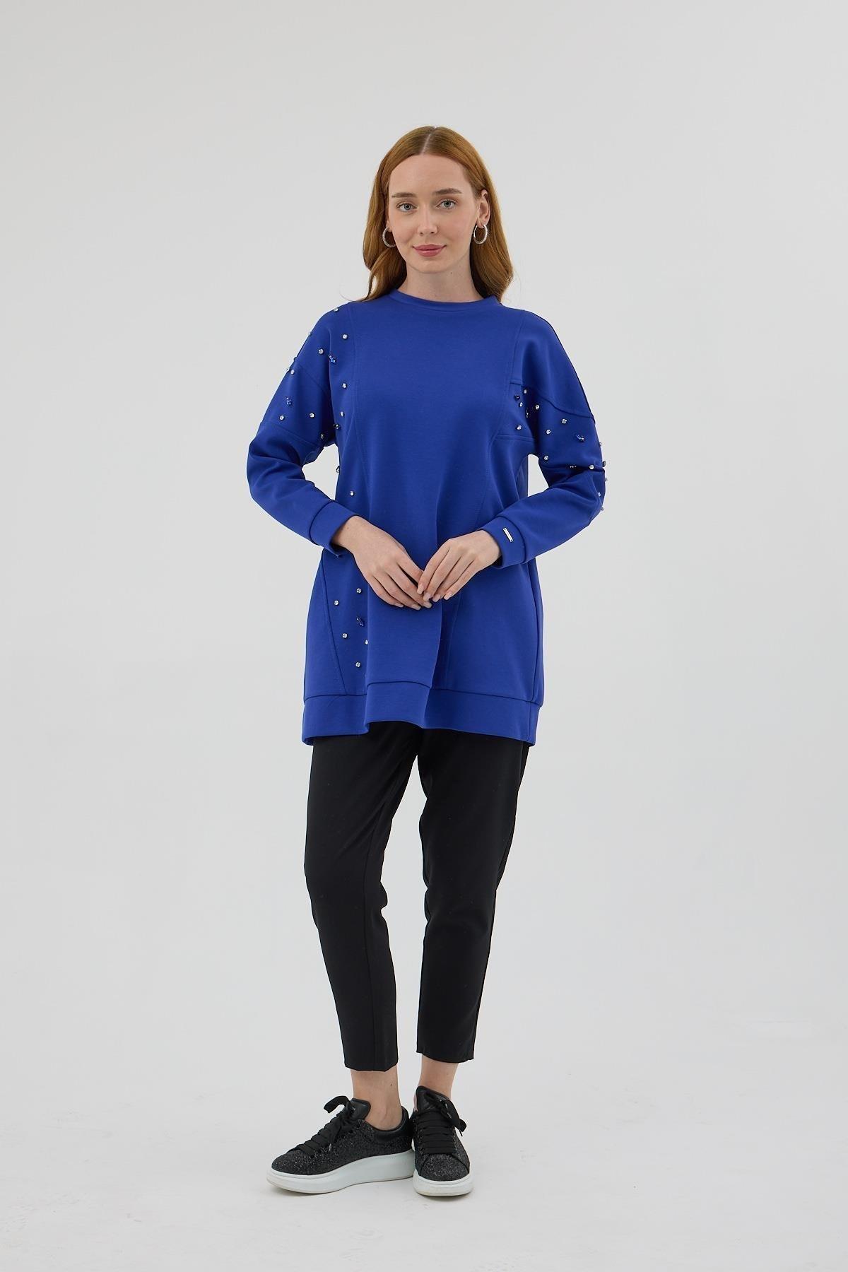 MOODBASİC Moodbasic Mb21.285 Asimetrik Kuplu Taşlı Tunik - Saks  Tunik 