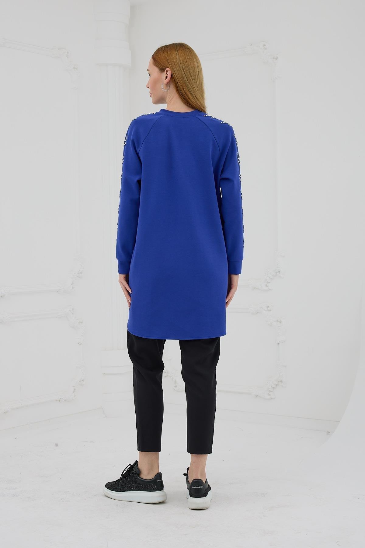 MOODBASİC Moodbasic Mb21.278 Kolları Çakma Taşlı Önü Cepli Tunik - Saks  Tunik 
