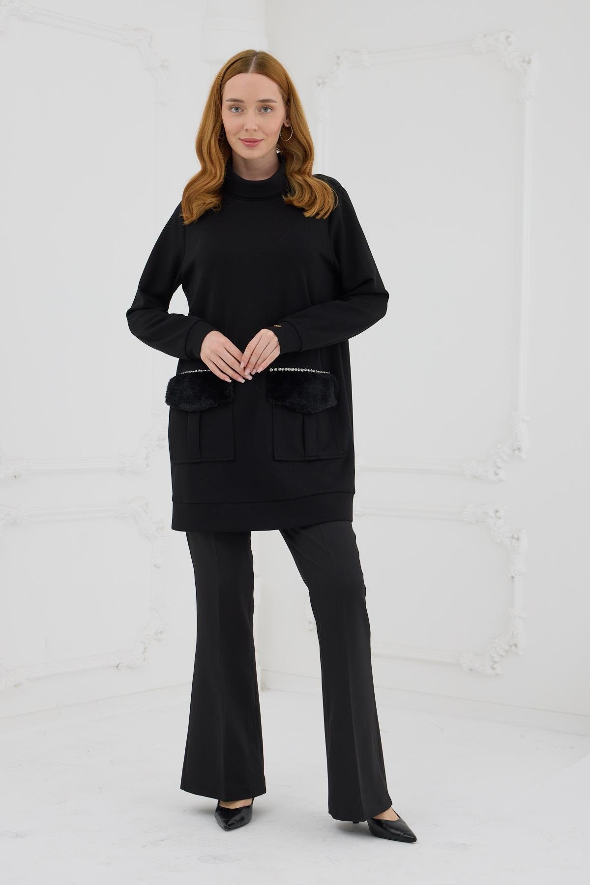 MOODBASİC Moodbasic Mb21.222 Kürk Cepli Sweatshırt - Siyah Moodbasic Mb21.222 Kürk Cepli Sweatshırt - Siyah - Bilen Giyim Tunik 