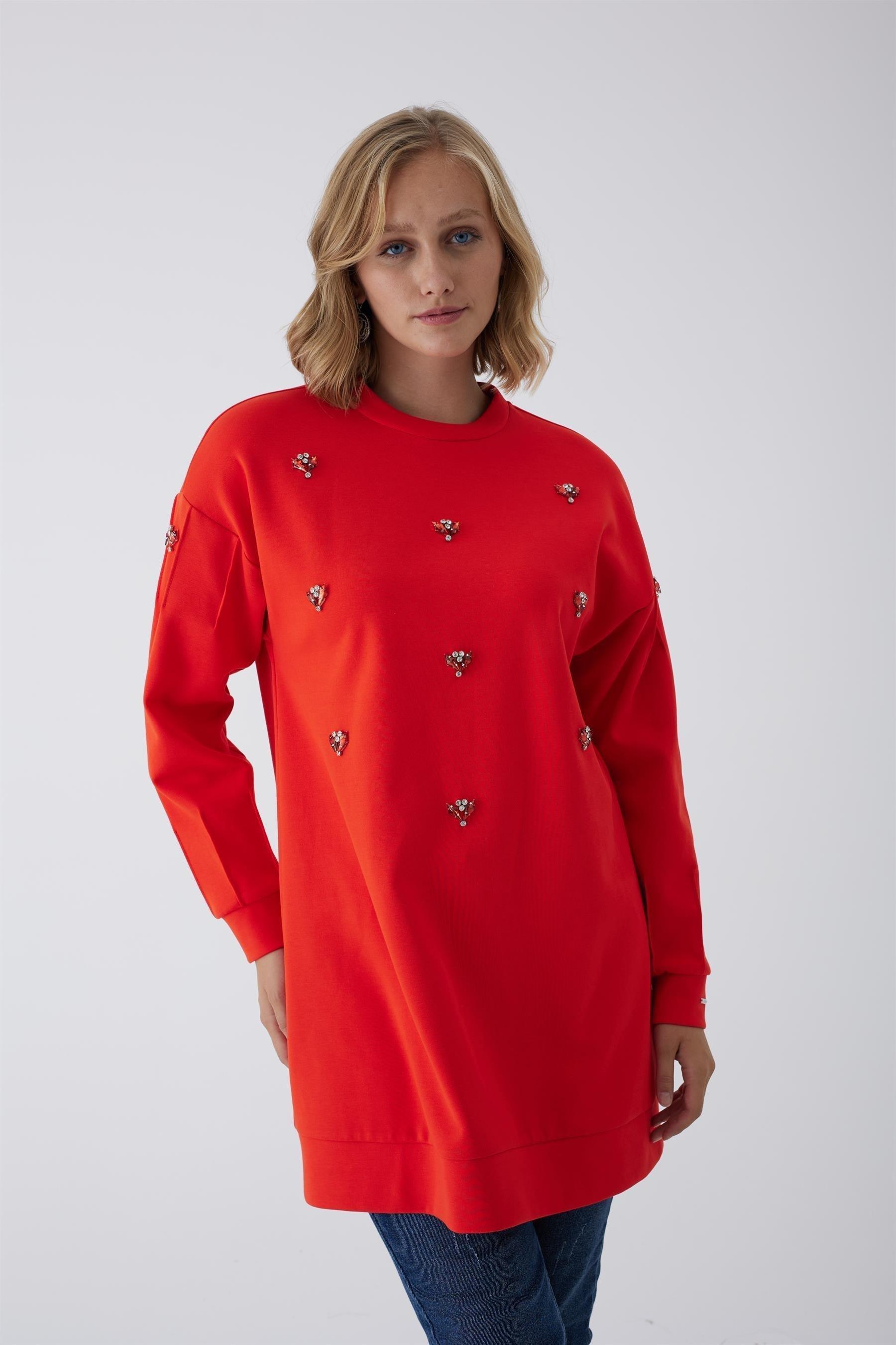 MOODBASİC Moodbasic Mb21.258 Renkli Taş İşlemeli Tunik - Mercan  Tunik 