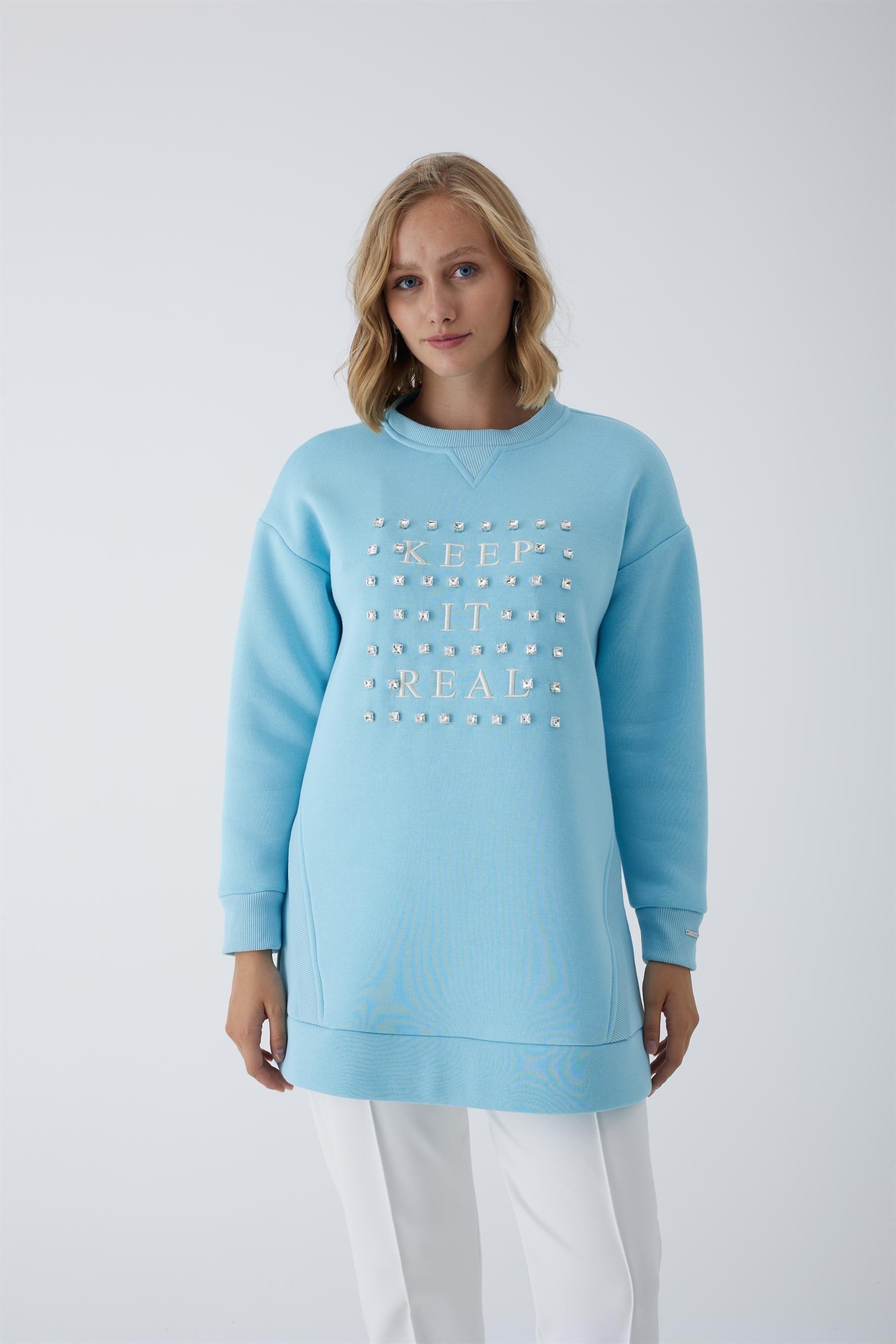 MOODBASİC Moodbasic Mb21.250 Taşlı Yazılı İçi Tüylü Tunik - Açık Mavi  Tunik 