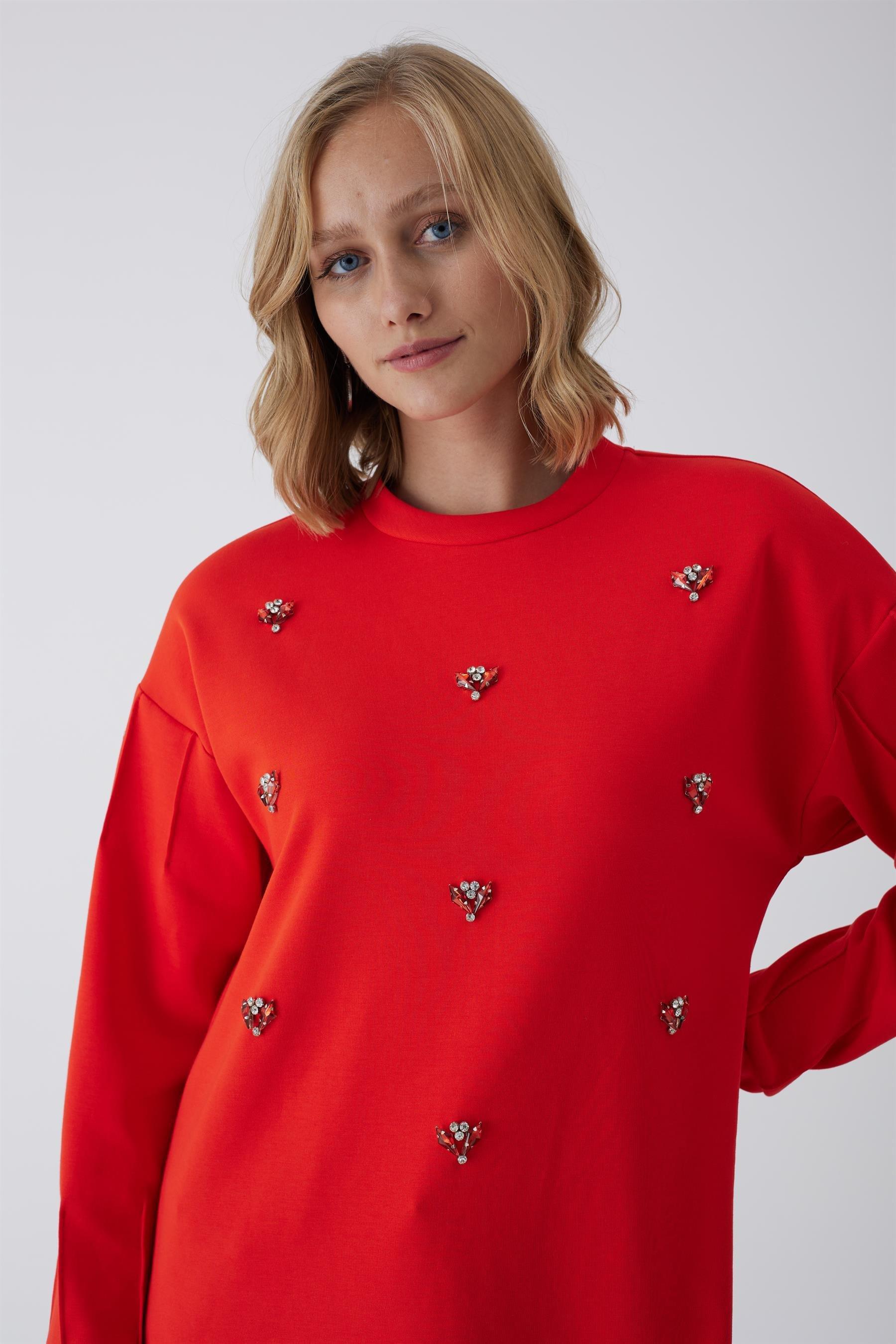 MOODBASİC Moodbasic Mb21.258 Renkli Taş İşlemeli Tunik - Mercan  Tunik 