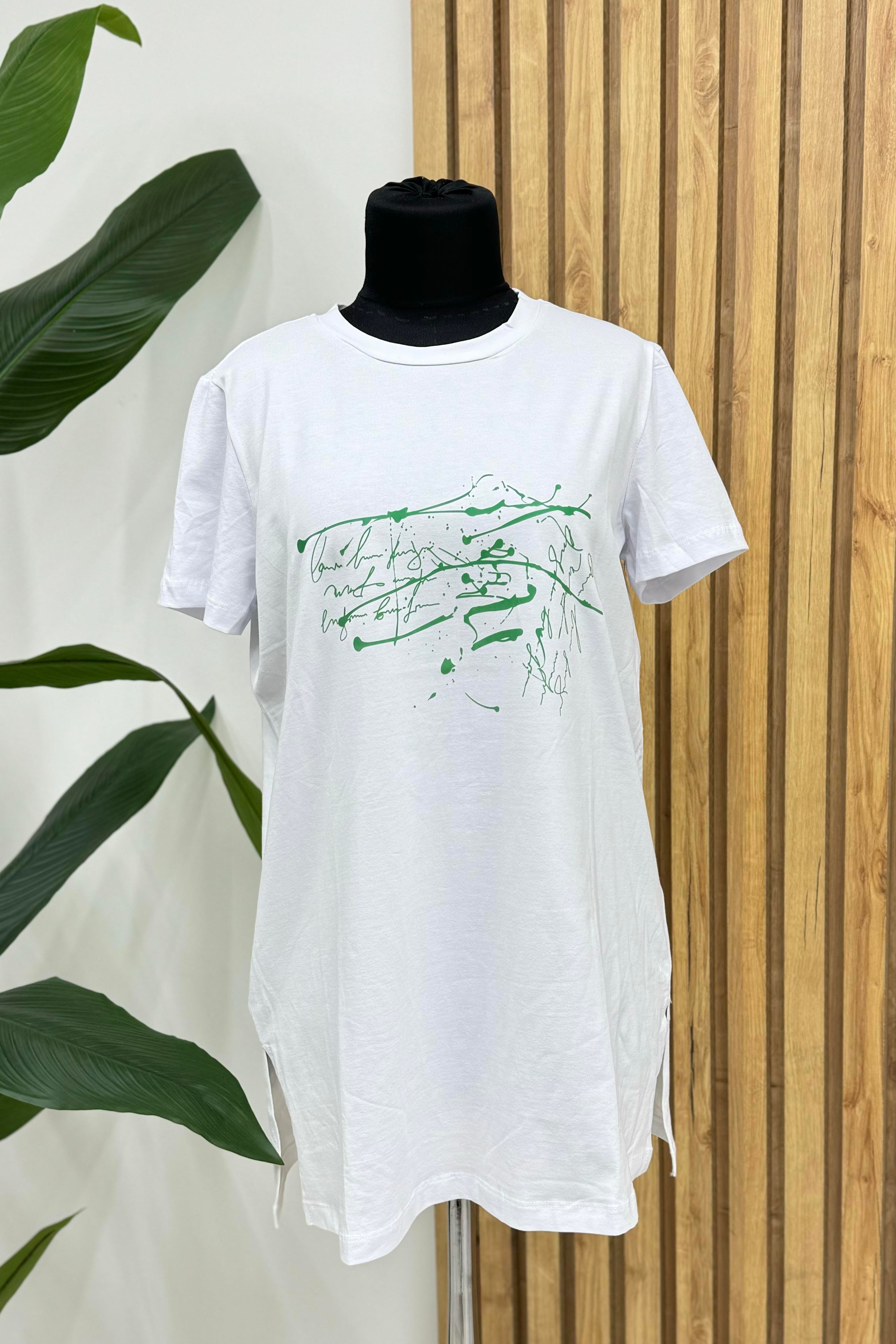 MOODBASİC Moodbasic Mb27.183 Renkli Baskılı Beyaz T-Shirt - Yeşil  T-shirt