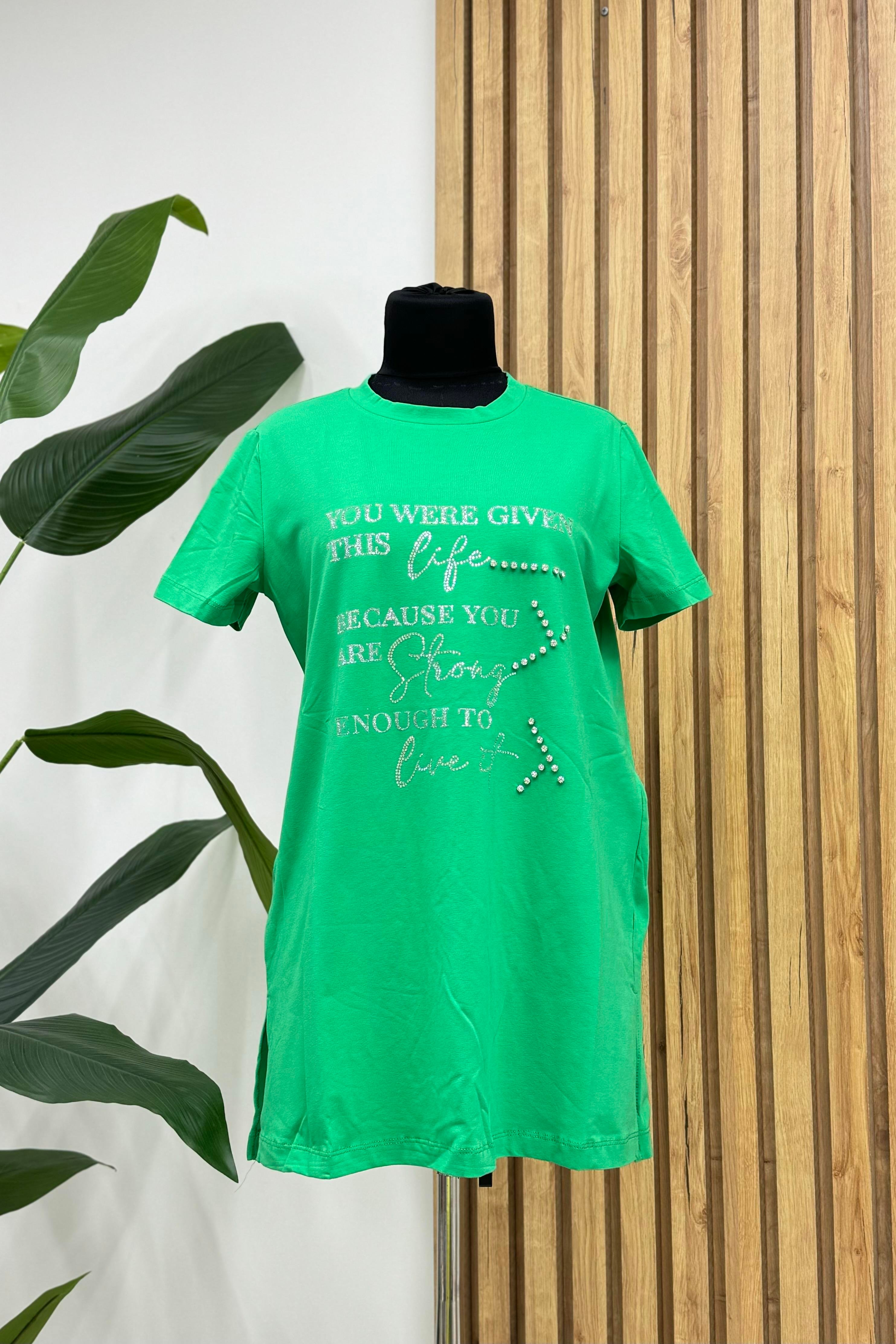 MOODBASİC Moodbasic Mb27.179 Simli Taş İşlemeli Yazılı T-Shirt - Yeşil  T-shirt