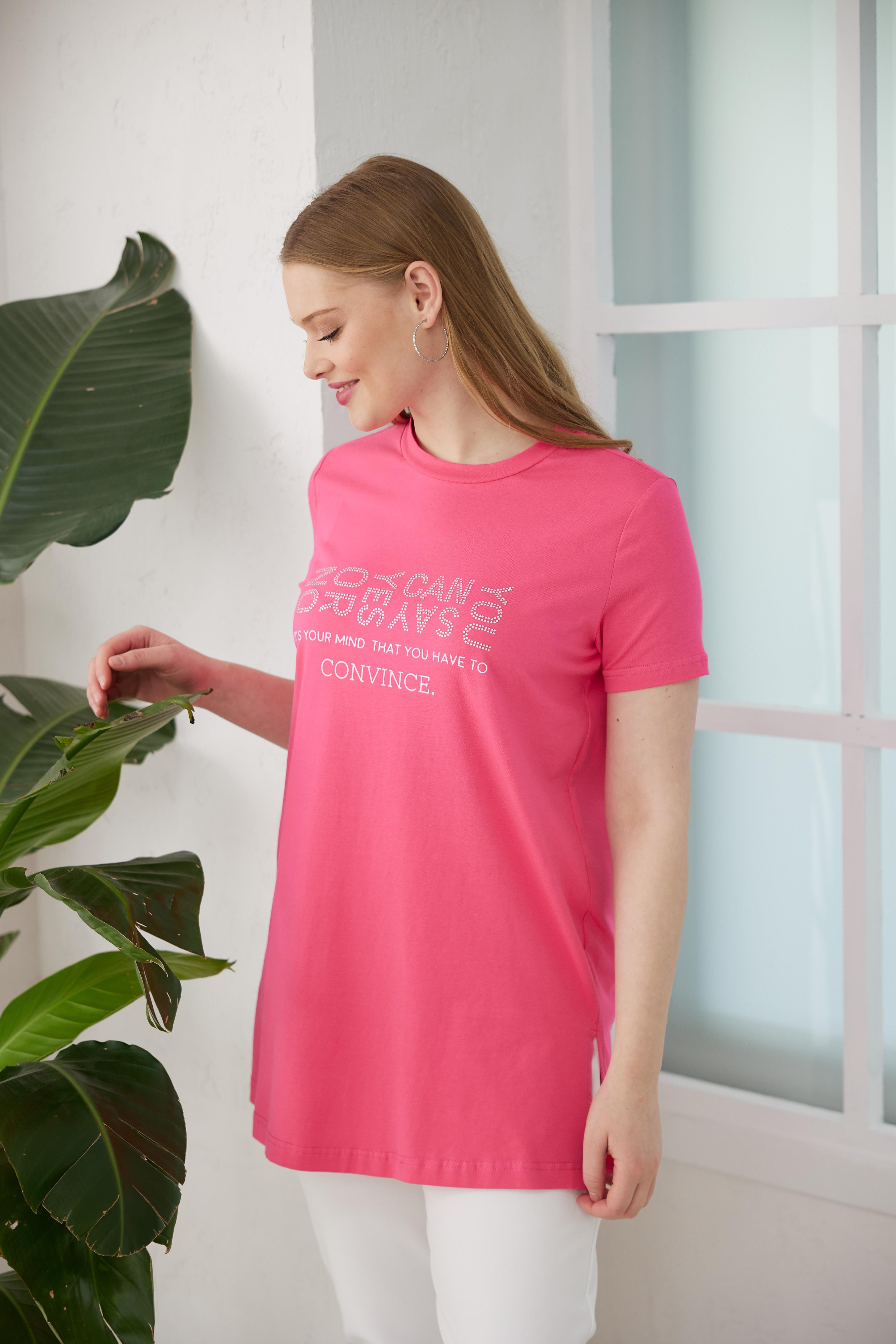 MOODBASİC Moodbasic Mb27.180 Taş Baskılı T-Shirt - Fuşya  T-shirt