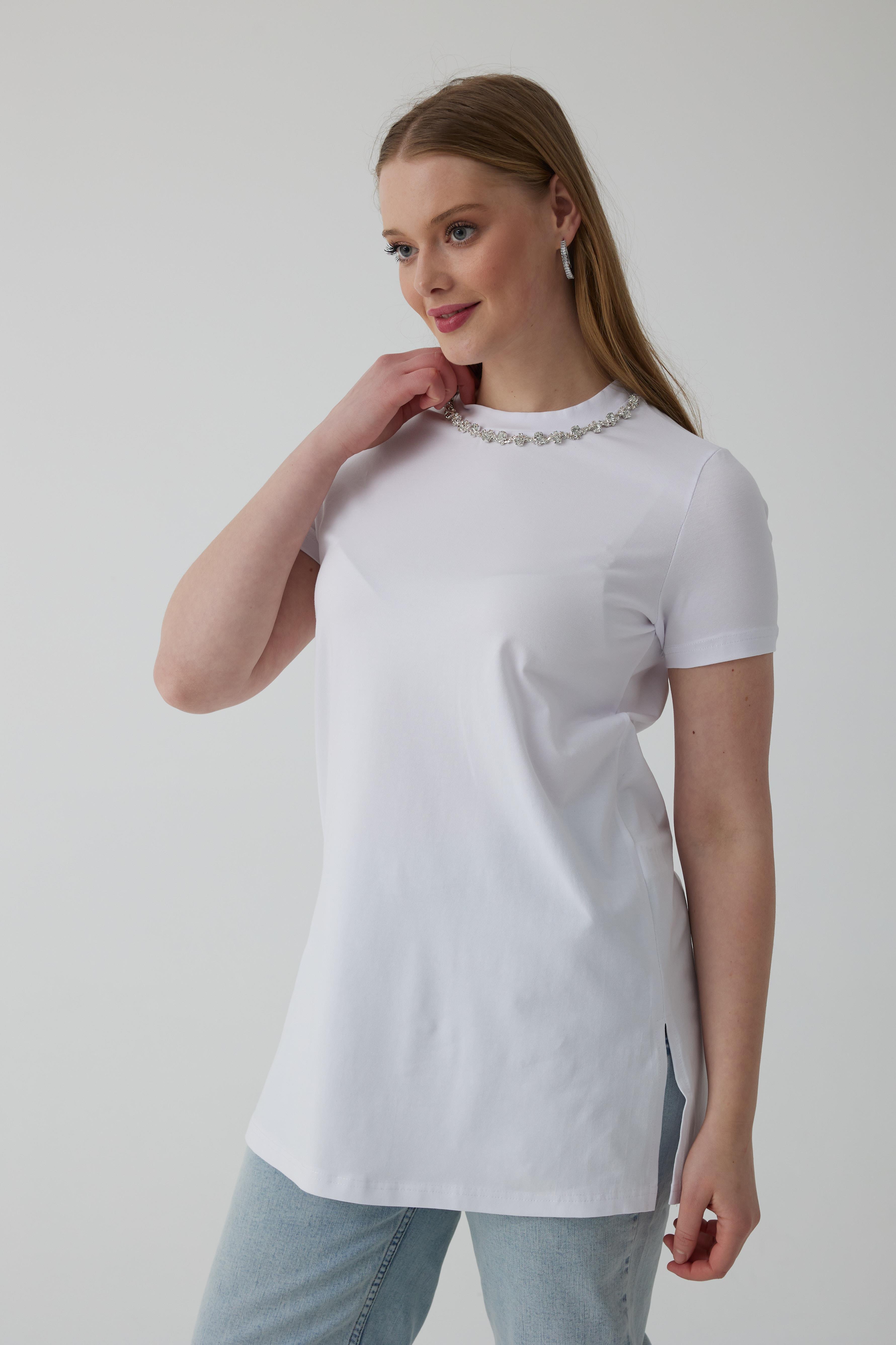 MOODBASİC Moodbasic Mb27.167 Taşlı Şeritli T-Shirt - Beyaz  T-shirt
