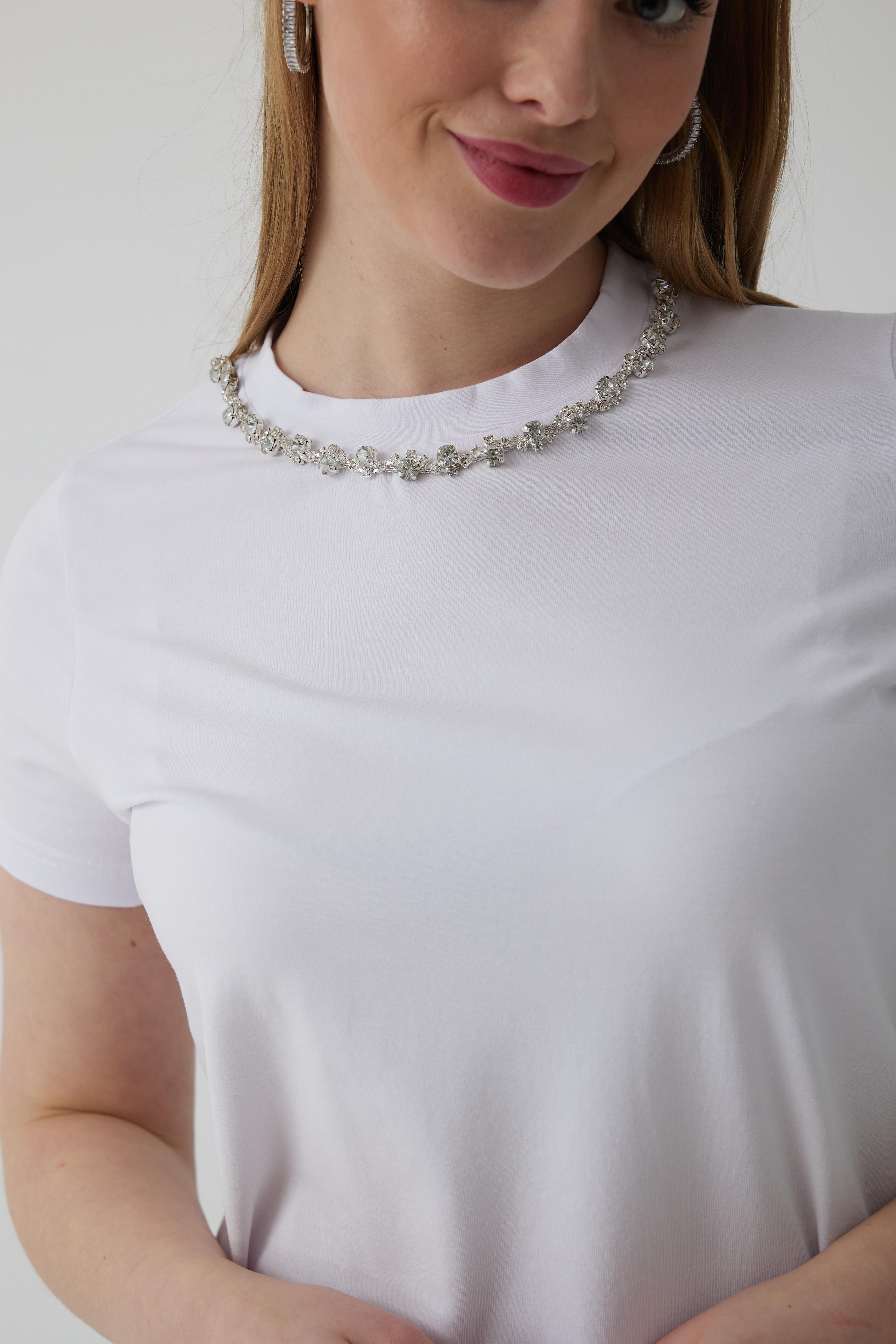 MOODBASİC Moodbasic Mb27.167 Taşlı Şeritli T-Shirt - Beyaz  T-shirt