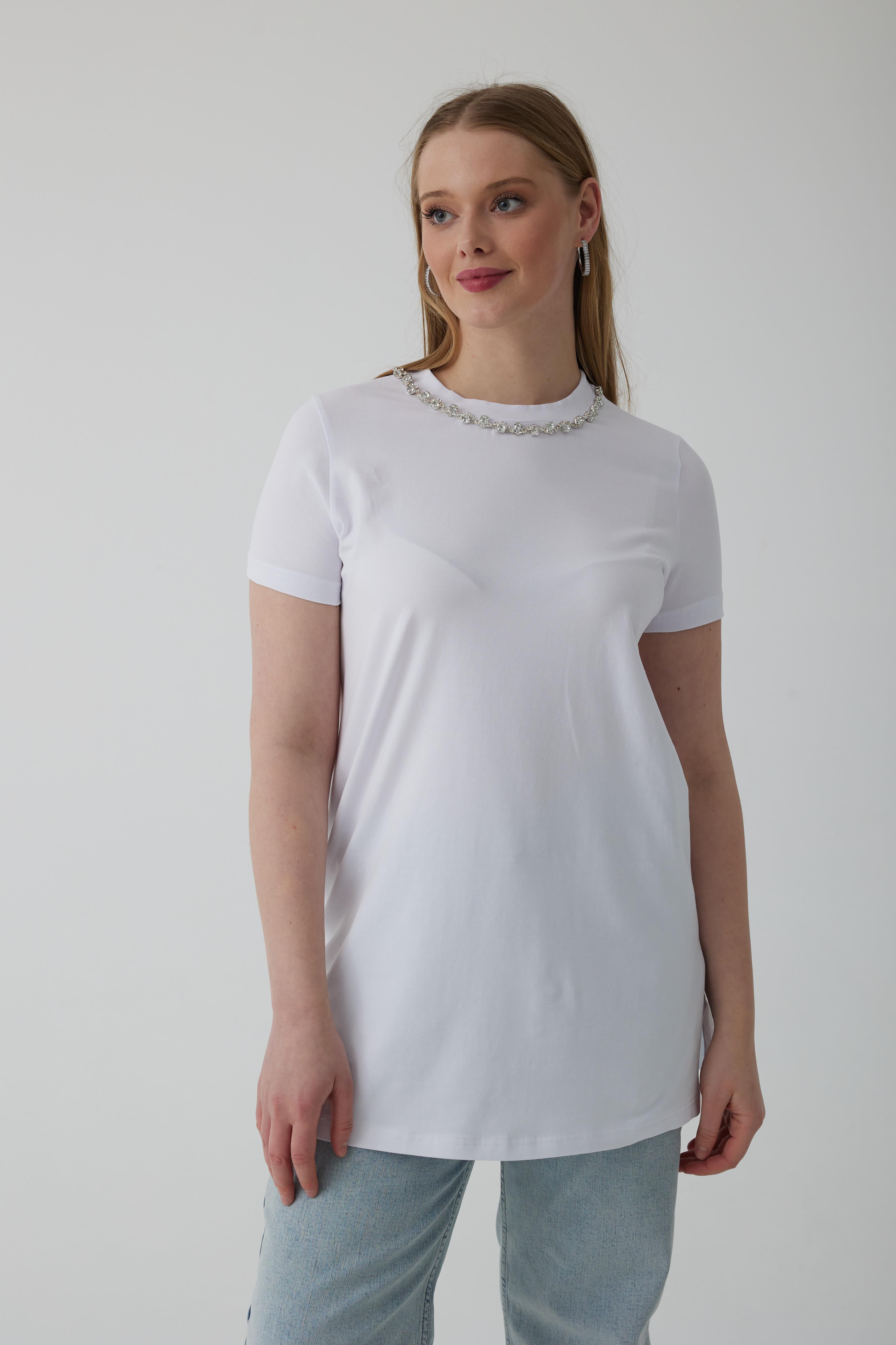 MOODBASİC Moodbasic Mb27.167 Taşlı Şeritli T-Shirt - Beyaz  T-shirt
