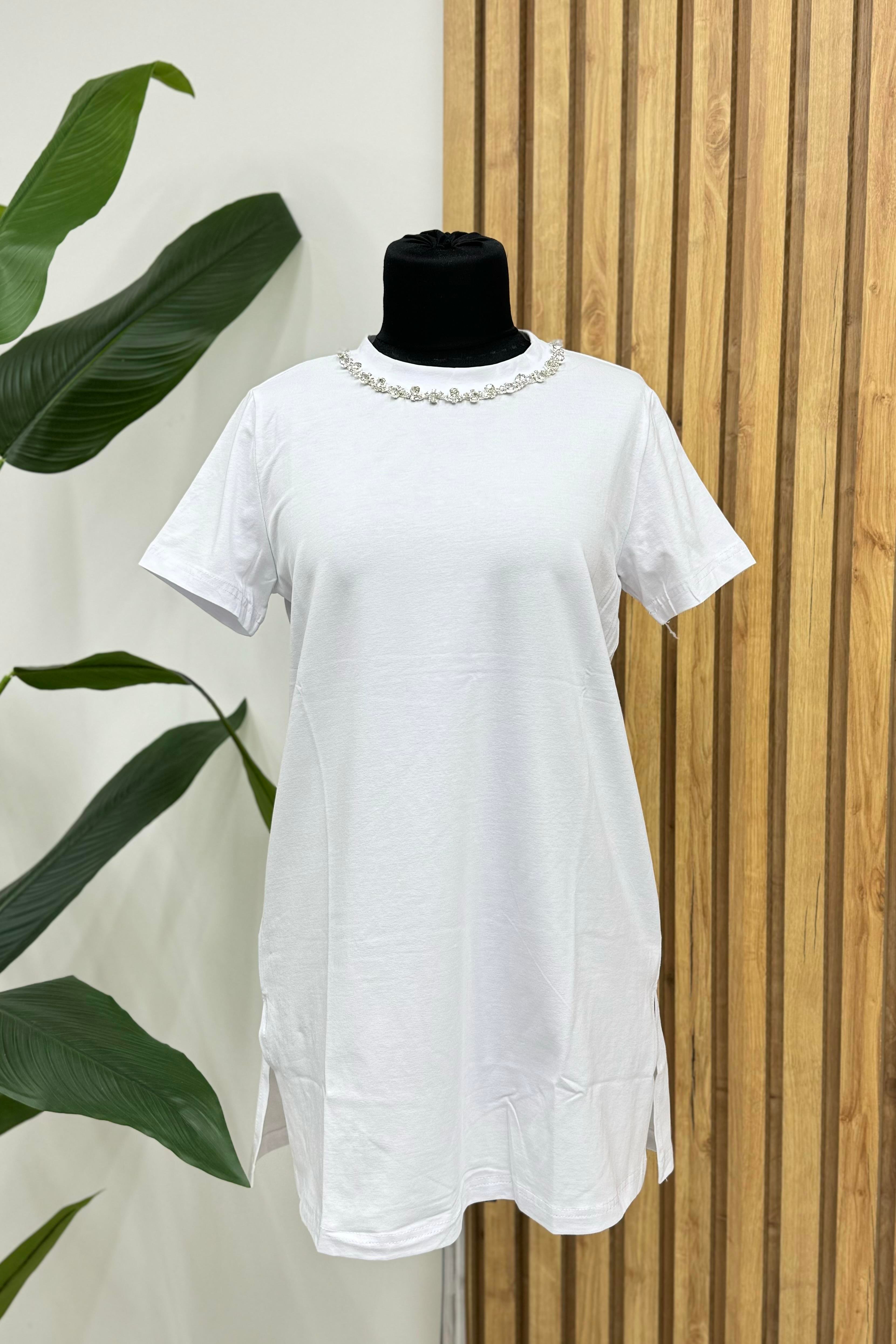 MOODBASİC Moodbasic Mb27.167 Taşlı Şeritli T-Shirt - Beyaz  T-shirt