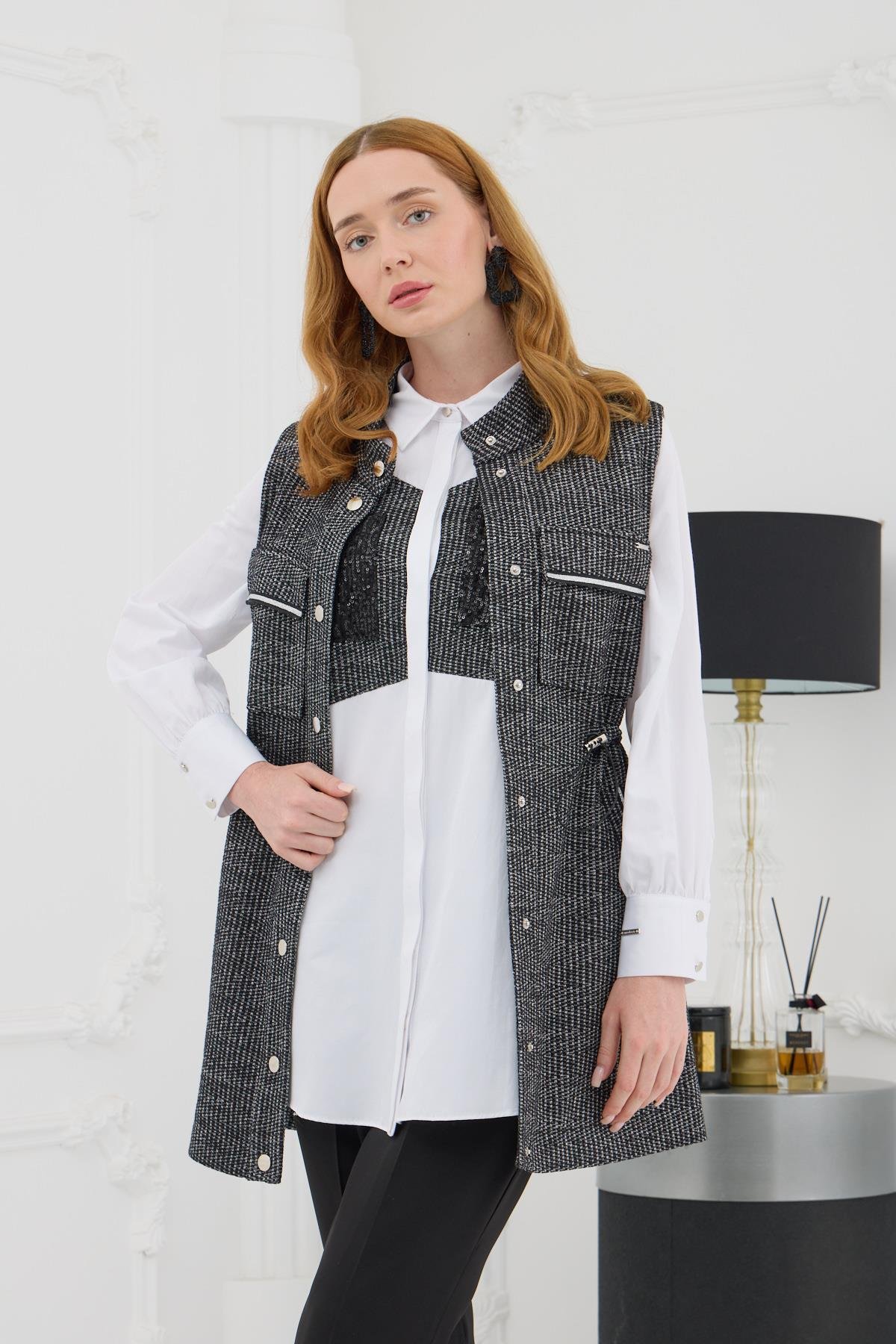 MOODBASİC Moodbasic Mb28.72 Gümüş Şeritli Triko Yelek - Siyah Moodbasic Mb28.72 Gümüş Şeritli Triko Yelek - Siyah - Bilen Giyim Yelek 