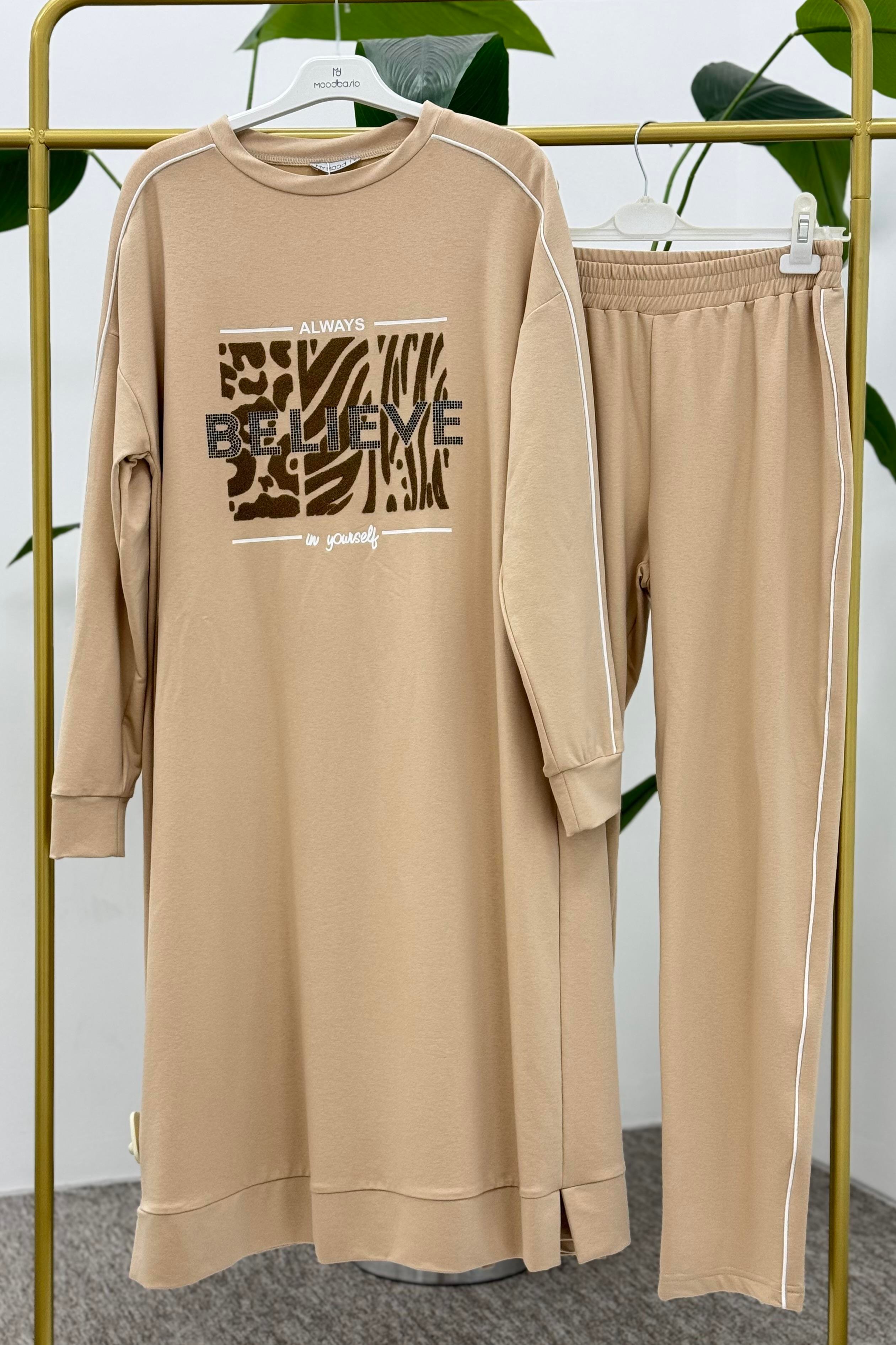 MOODBASİC Moodbasic Mm08.0360 Taşlı Pantolonlu Eşofman Takım - Bej  Takım 