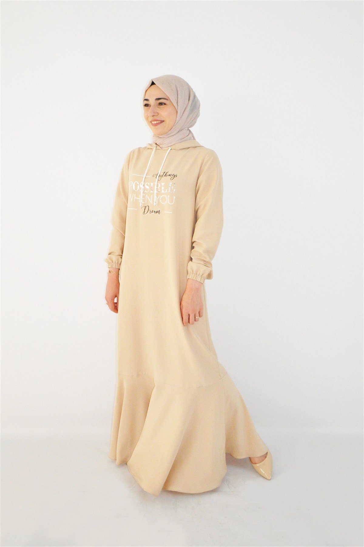 MOODBASİC Moodbasic Mb06.110 Volanlı Kapüşonlu Yazılı Elbise - Bej MOODBASİC Moodbasic Mb06.110 Volanlı Kapüşonlu Yazılı Elbise - Bej Elbise   Elbise