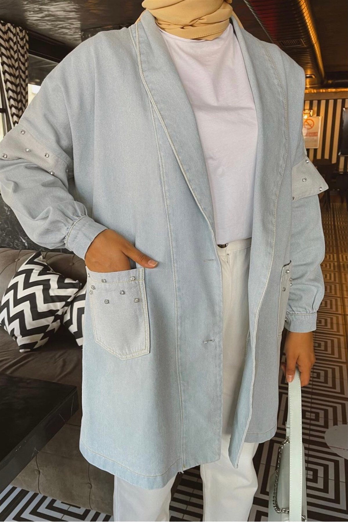 N.K BY KORKUT N.K 554 Kol Taş İşlemeli Kot Kap - Mavi