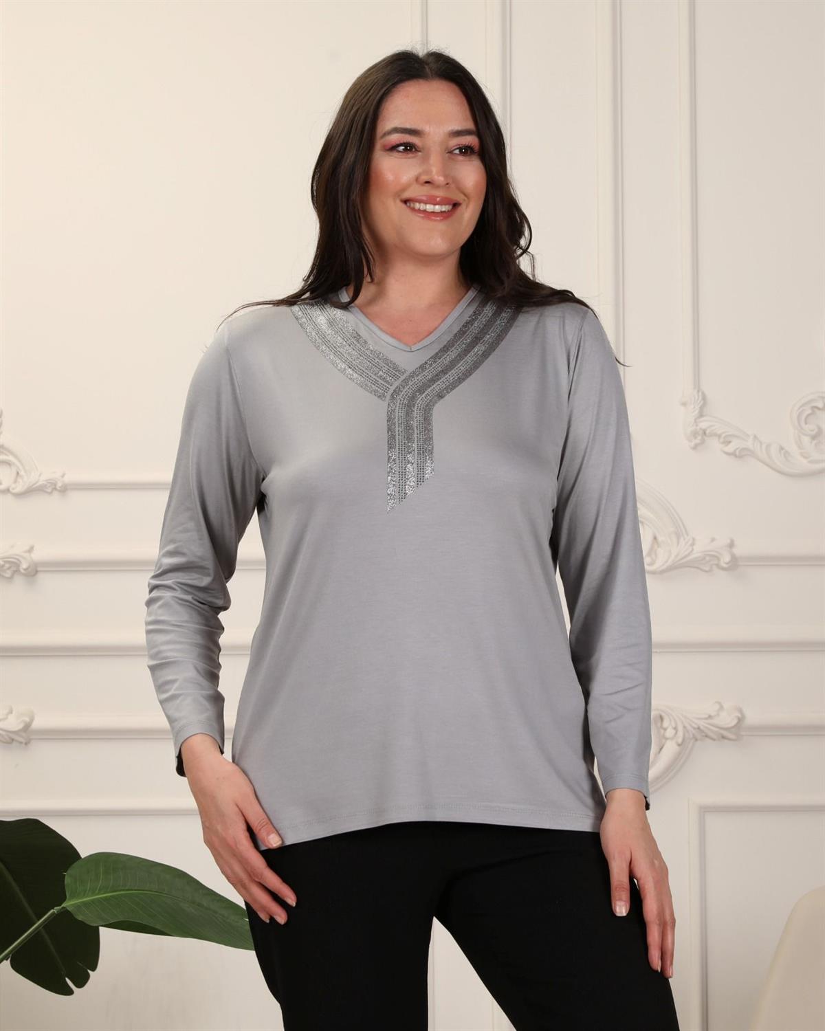 NURALA Gerdan Taş İşlemeli Anne Bluzu 2233 - Gri  Anne Grubu