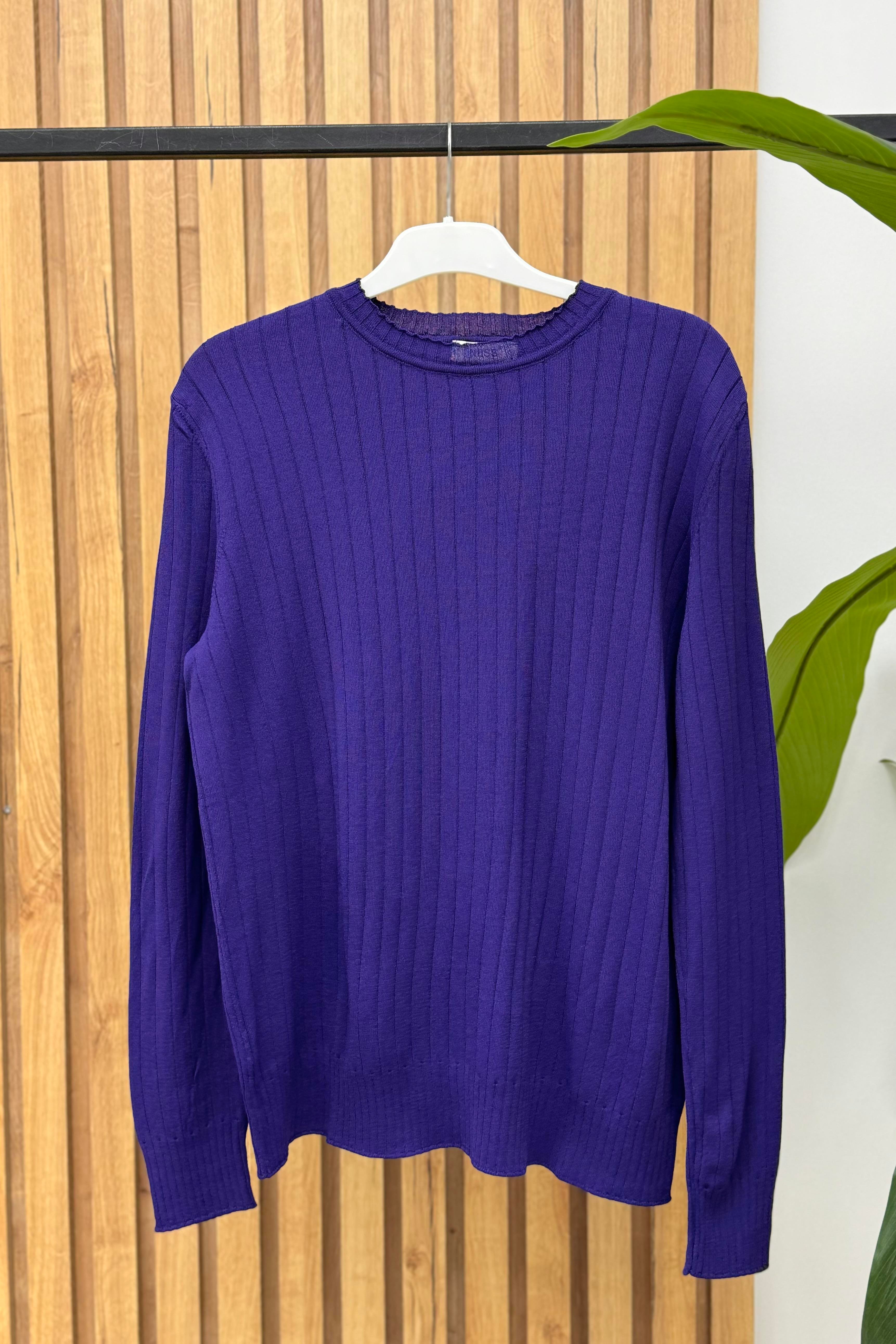 NUSS Nuss 1202 Kendinden Çizgili Kısa Merserize Bluz - Mor  Tunik