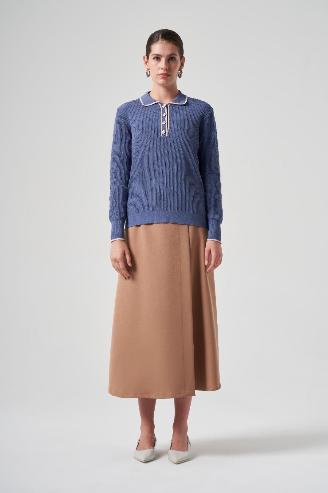 NUSS Nuss 1210 Gömlek Yaka Yarım Düğmeli Merserize Bluz - İndigo  Bluz 